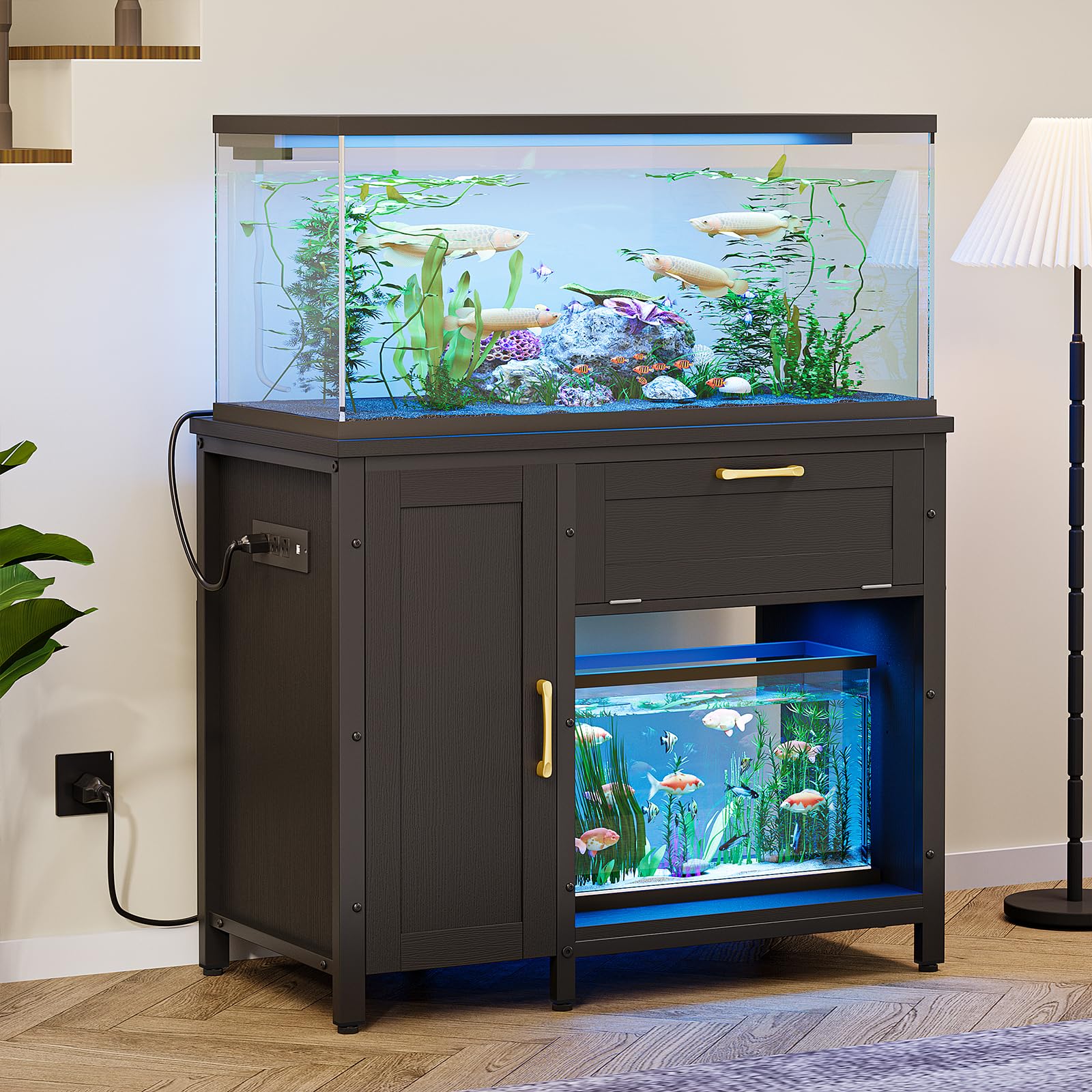 Bestier 40-50 Gallon Fish Tank Stand with Power Outlet&LED Light, 37x18 Heavy-Duty Metal Aquarium Stand with Cabinet&Drawer for 