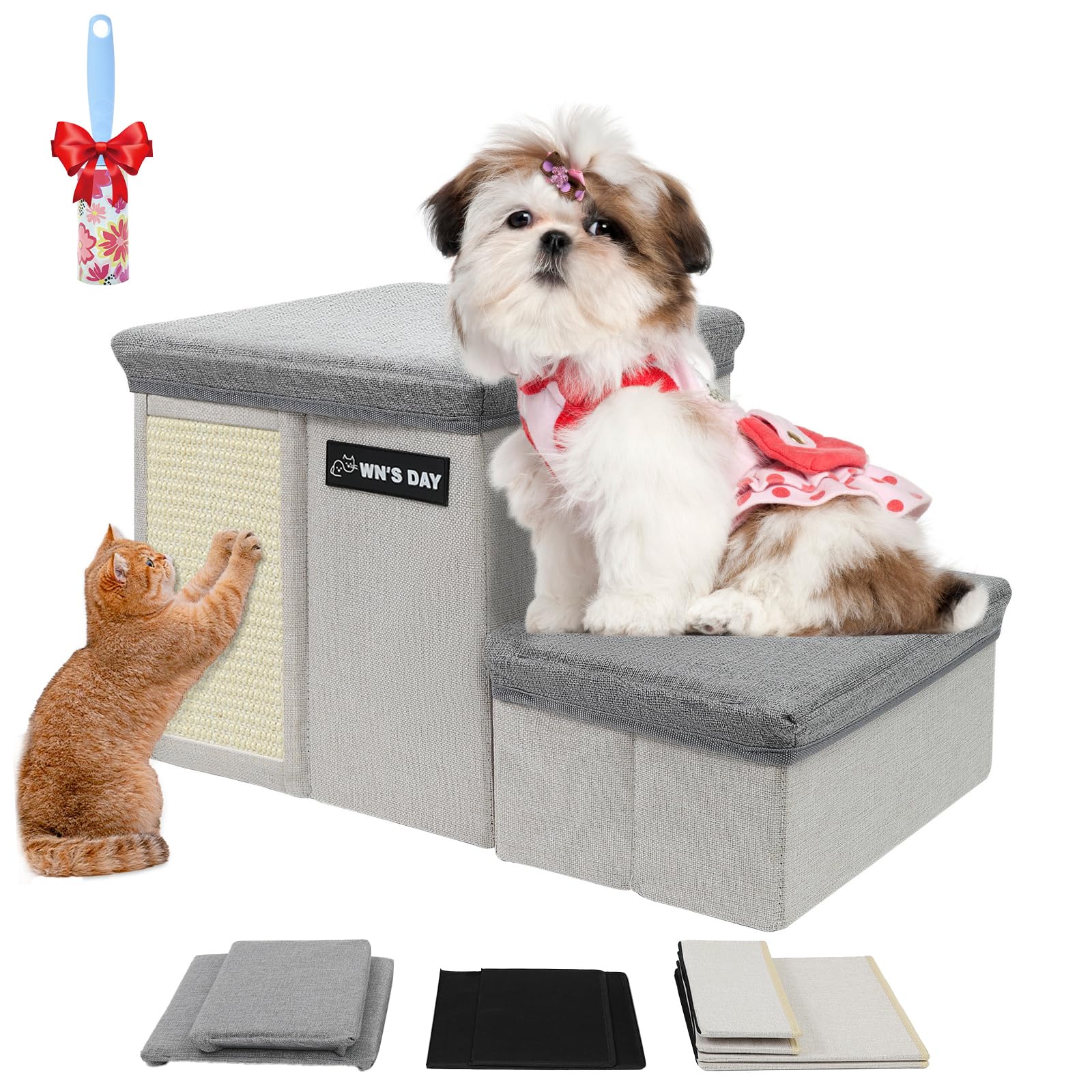 Dog Stairs for Bed Couch Folding with Storage, Dog Stairs for Small Dogs to Get On Bed with Cat Condo, Steps for Large Medium Do