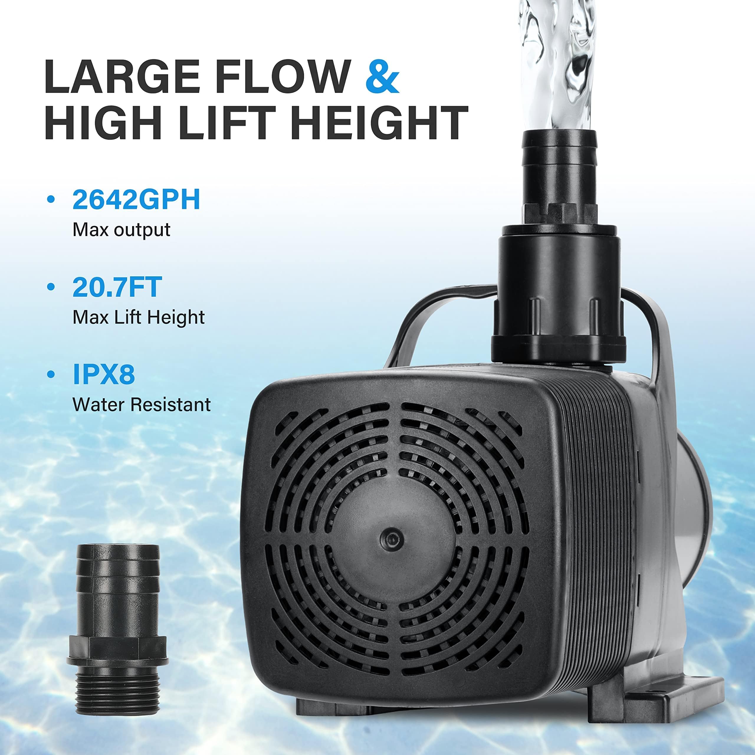 Simple Deluxe 180W 2642GPH Submersible Water Pump(10000L/H), Ultra Quiet(20.7ft High Lift), with 16ft Power Cord for Fish Tank,