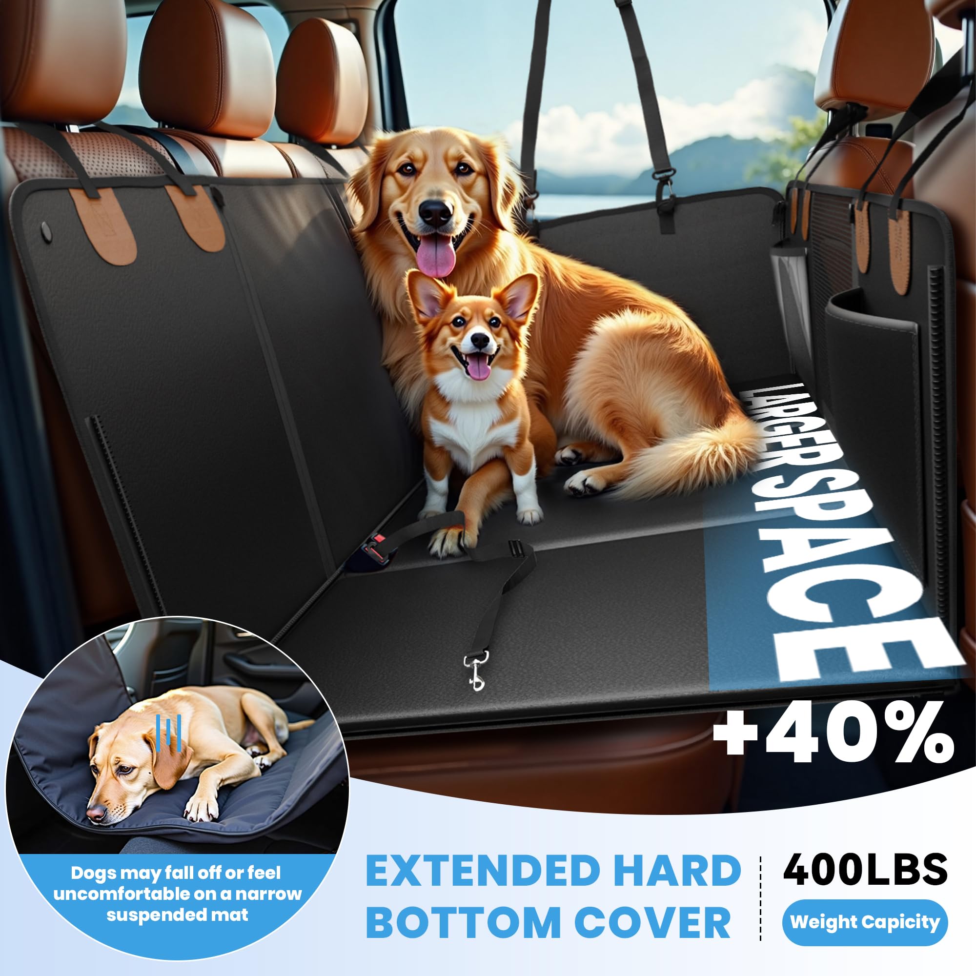 Gamkii Dog Car Seat Cover, Waterproof Backseat Extender With Hard Bottom & Storage Pocket, 3 Or 2 Seats Available, Dog Car Hammo