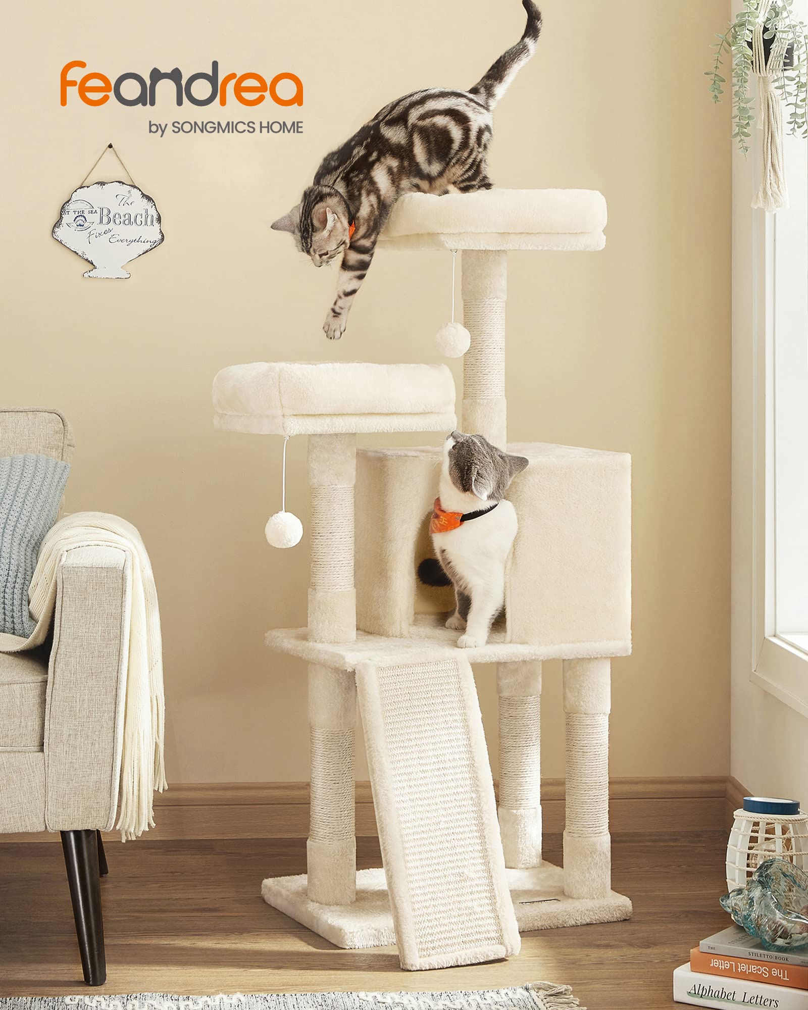 Feandrea Cat Tower, 45.3-Inch Cat Condo With Scratching Post, Ramp, Perch, Spacious Cat Cave, For Kittens, Elderly Cats, Adult C