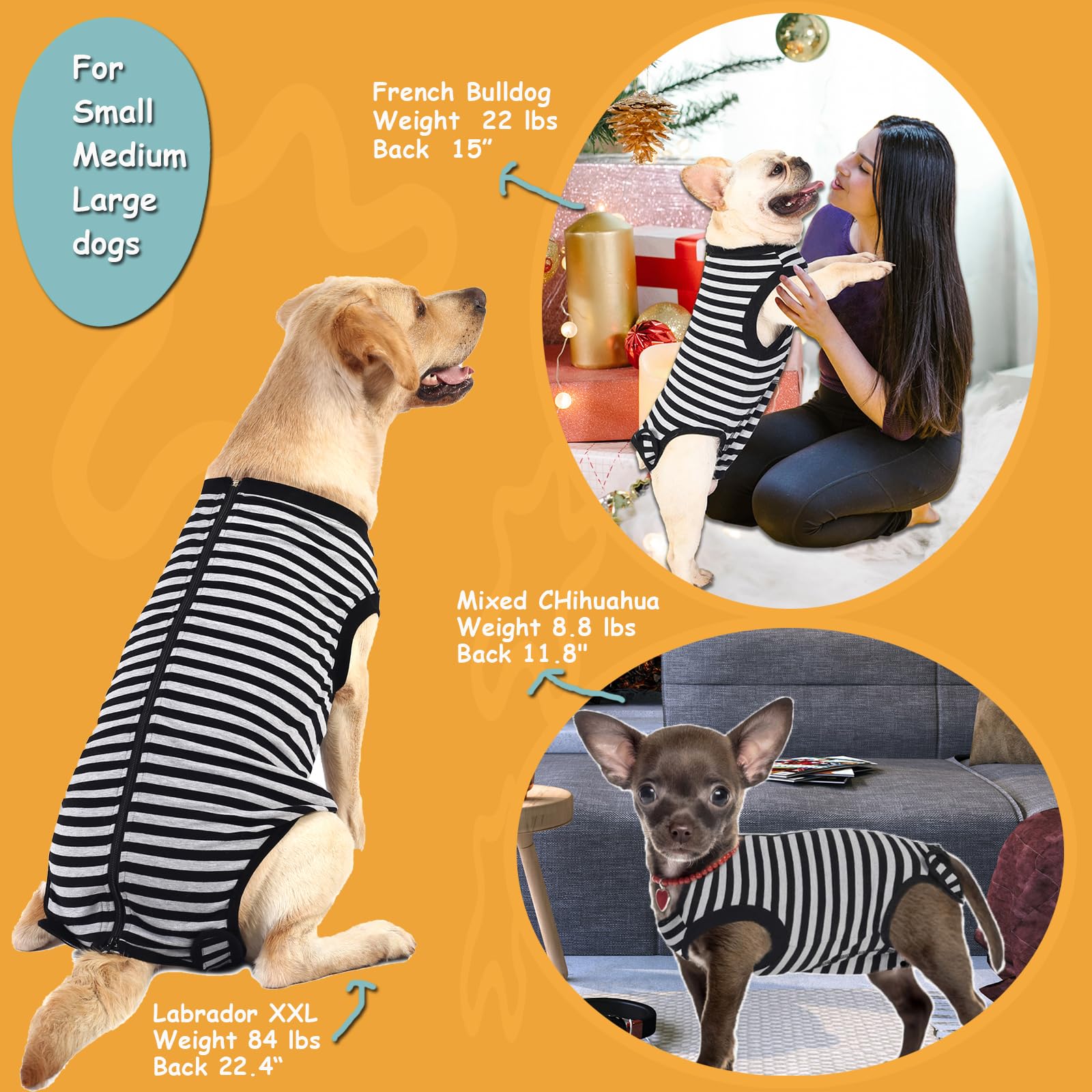 Sychien Dog Surgical Recovery Suit,Surgery Female Spay Shirt,Male Recovery Clothes,Zipper Closure Cotton Striped Wounds Protect