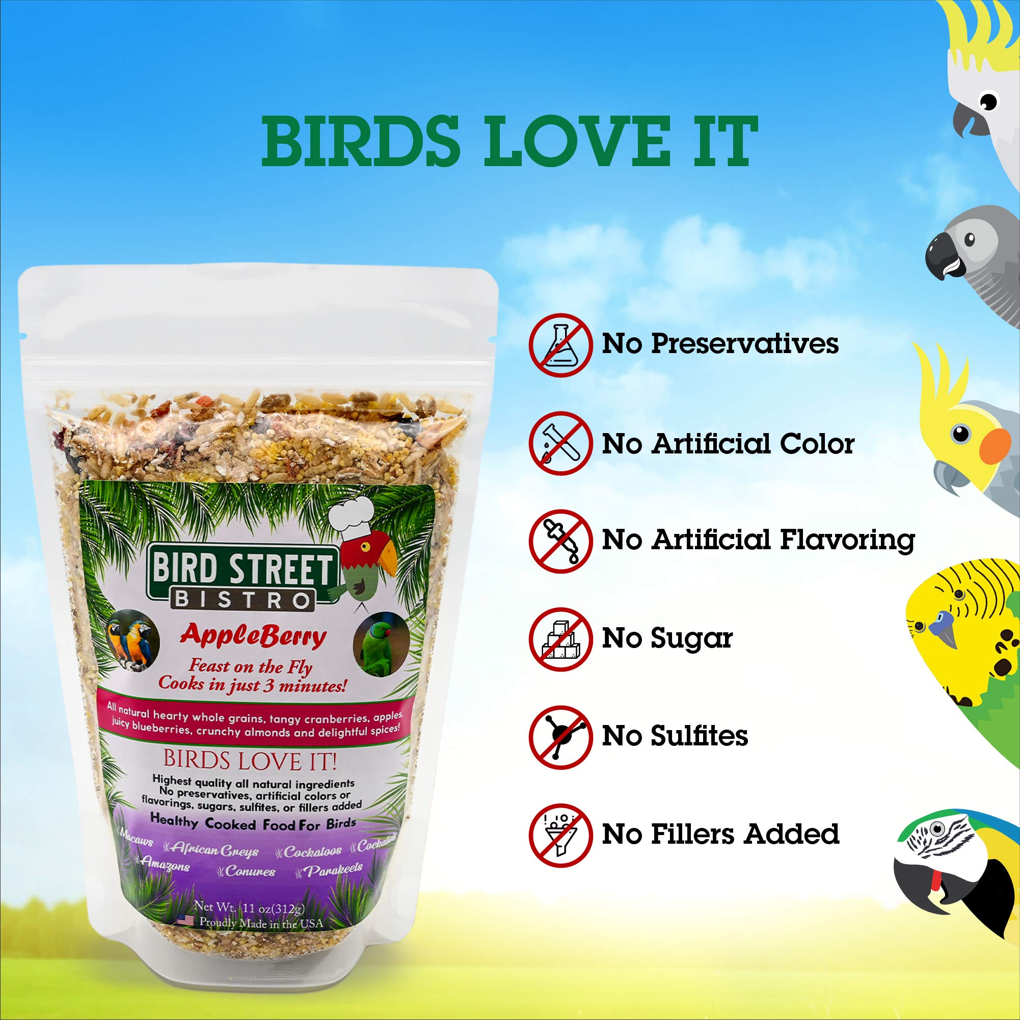 Bird Street Bistro Parrot Food - Parakeet & Cockatiel Food - Cooks in 3-15 min with Natural & Organic Grains, Legumes, Non-GMO F