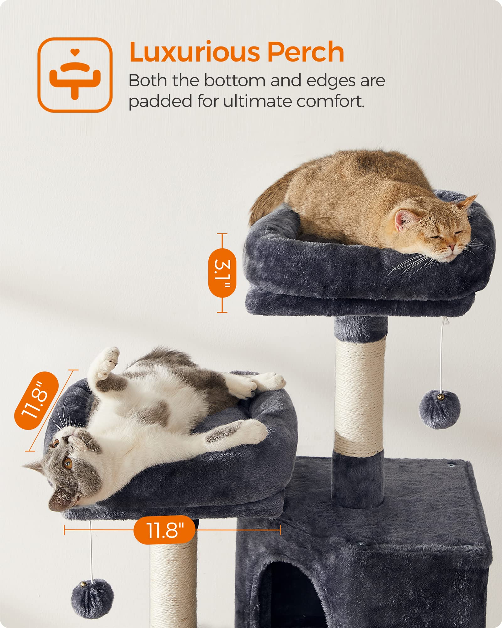 Feandrea Cat Tower, Cat Tree For Indoor Cats, 45.3-Inch Cat Condo With Scratching Post, Ramp, Perch, Spacious Cat Cave, For Kitt
