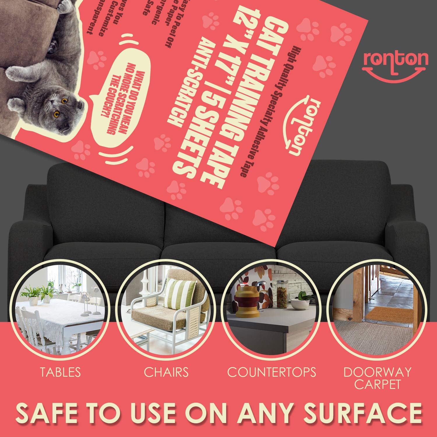 Ronton Cat Scratch Deterrent - Anti Scratch Tape For Cats | 100% Transparent Clear Double Sided Training Tape | Pet & Kid Safe |