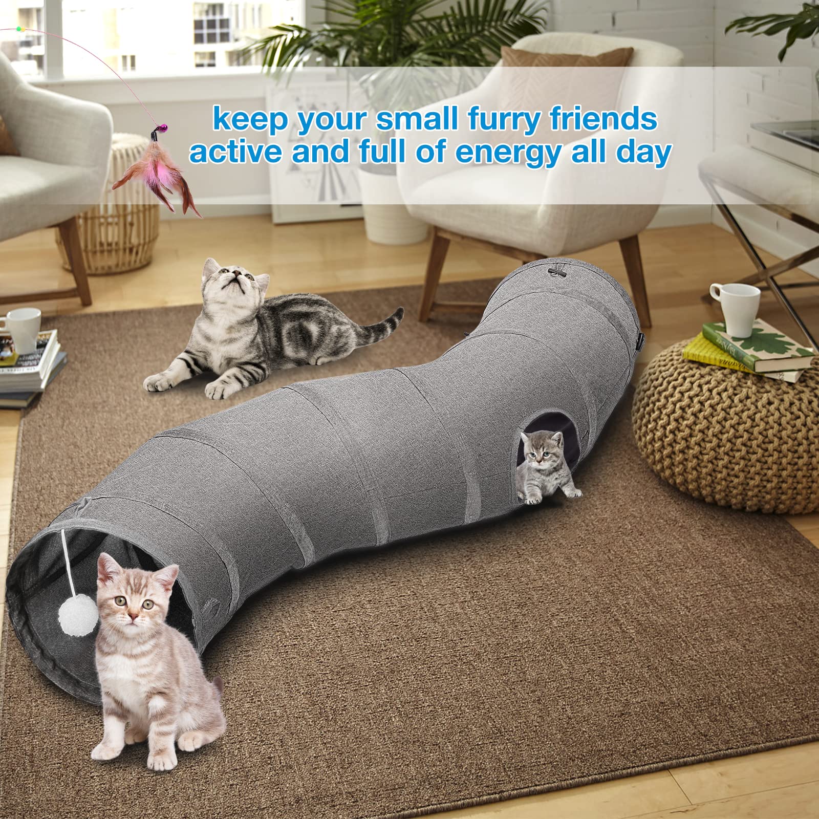 Ownpets Cat Tunnel Sturdy Oxford Fabric Cat Tunnel Toy, S-Shape Collapsible Cat Tunnels For Indoor Cats,Interactive Peek Hole Pe