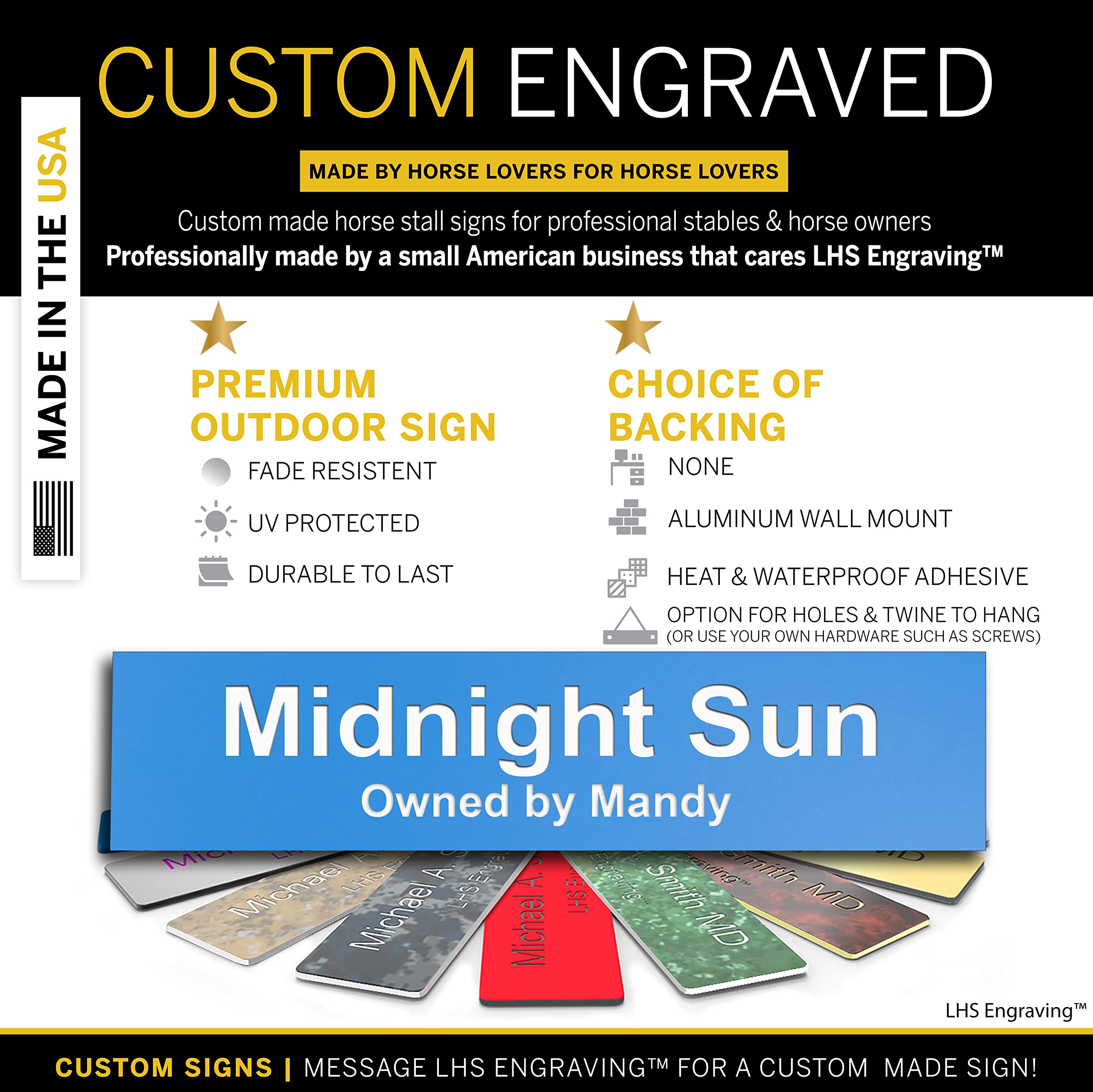 Lhs | Personalized Horse Stall Name Plates, 2X6 Horse Stall Signs With Adhesive, All Weather Uv Protected, Light Blue Plastic Wh