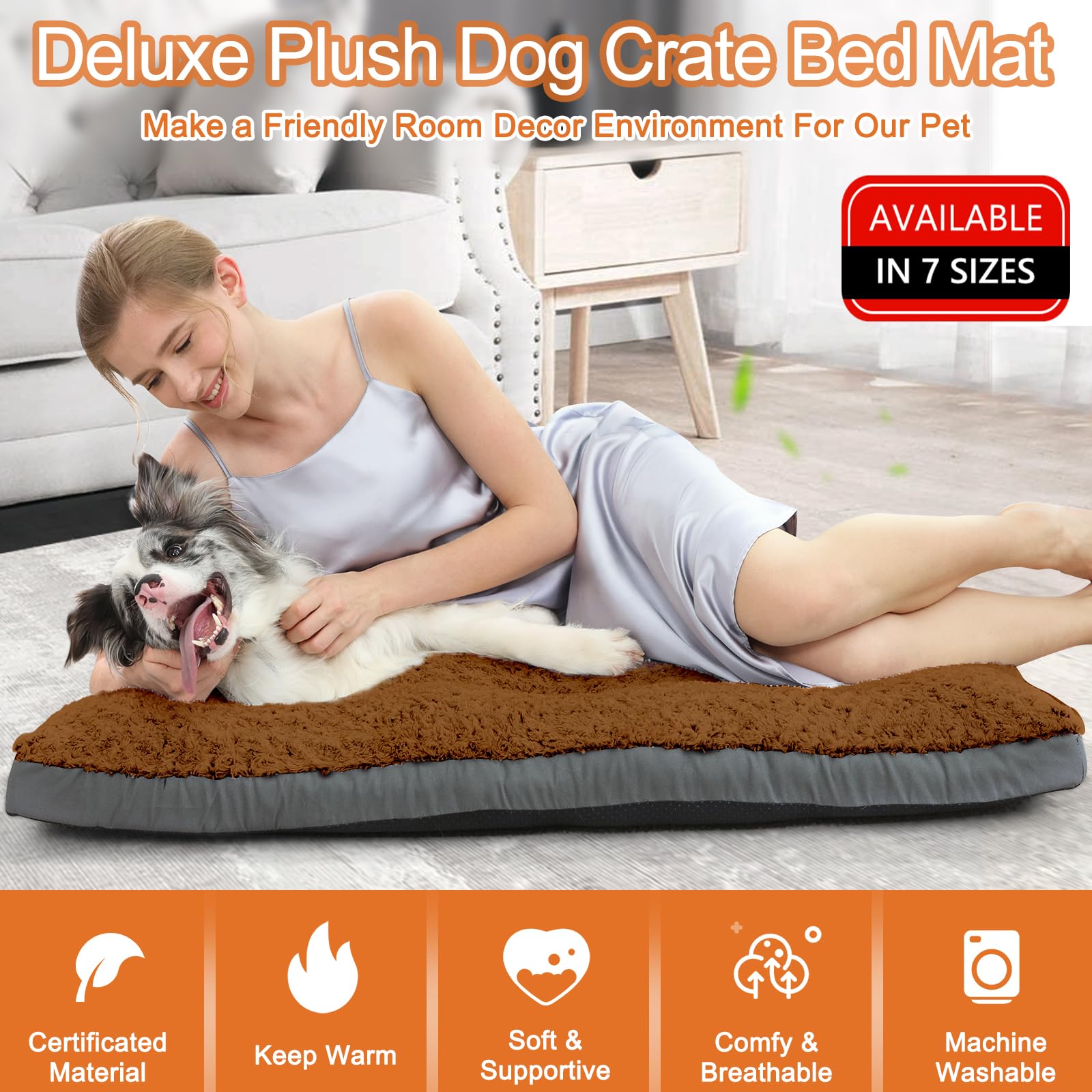 Pocblue Deluxe Washable Dog Bed For Large Dogs Dog Crate Mat 36 Inch Comfy Fluffy Kennel Pad Anti-Slip For Dogs Up To 70 Lbs, 36' X 23', Brown