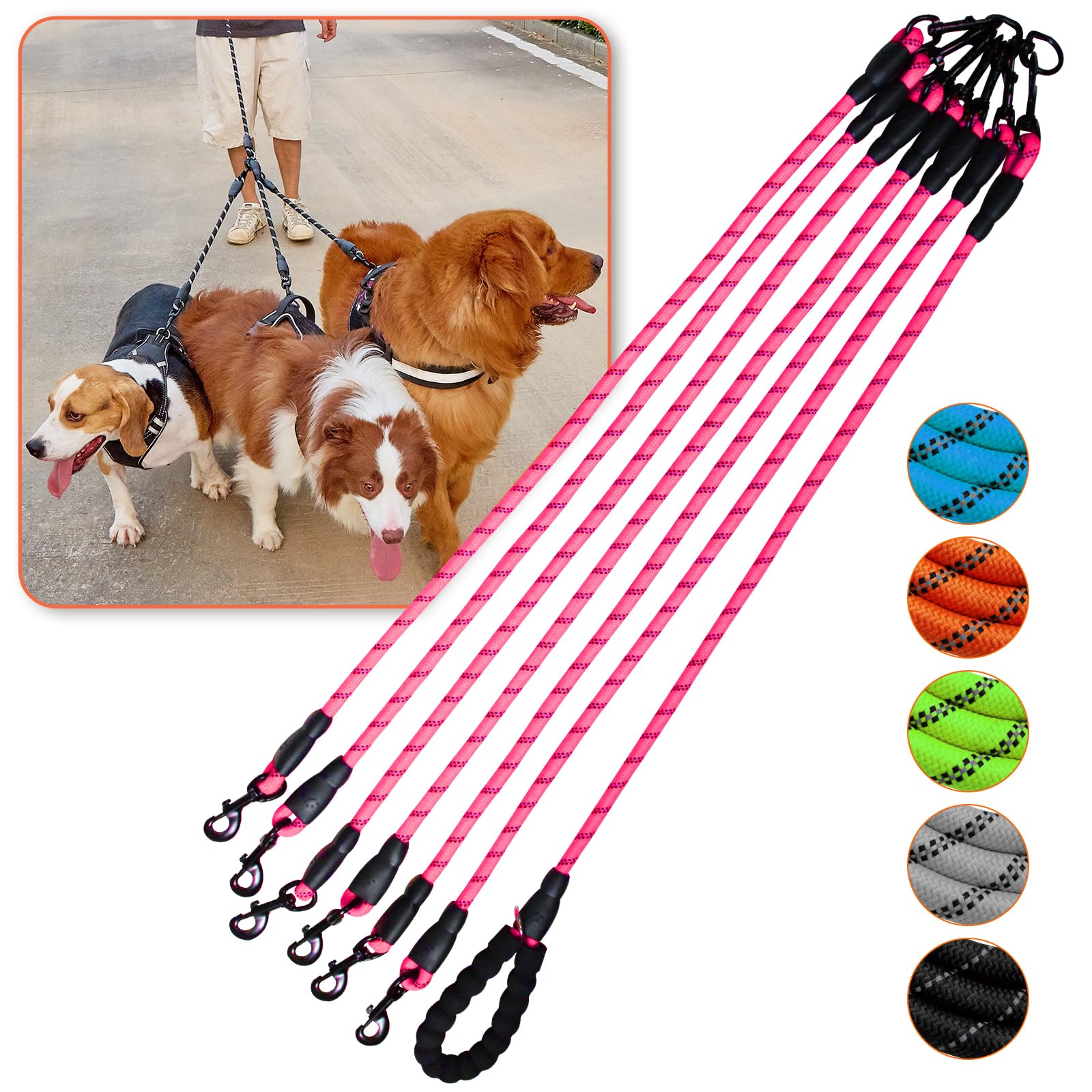 Six-Way Dog Leash - 360 Swivel, No-Tangle, Reflective For Walking & Training (Six Leashes, Pink)