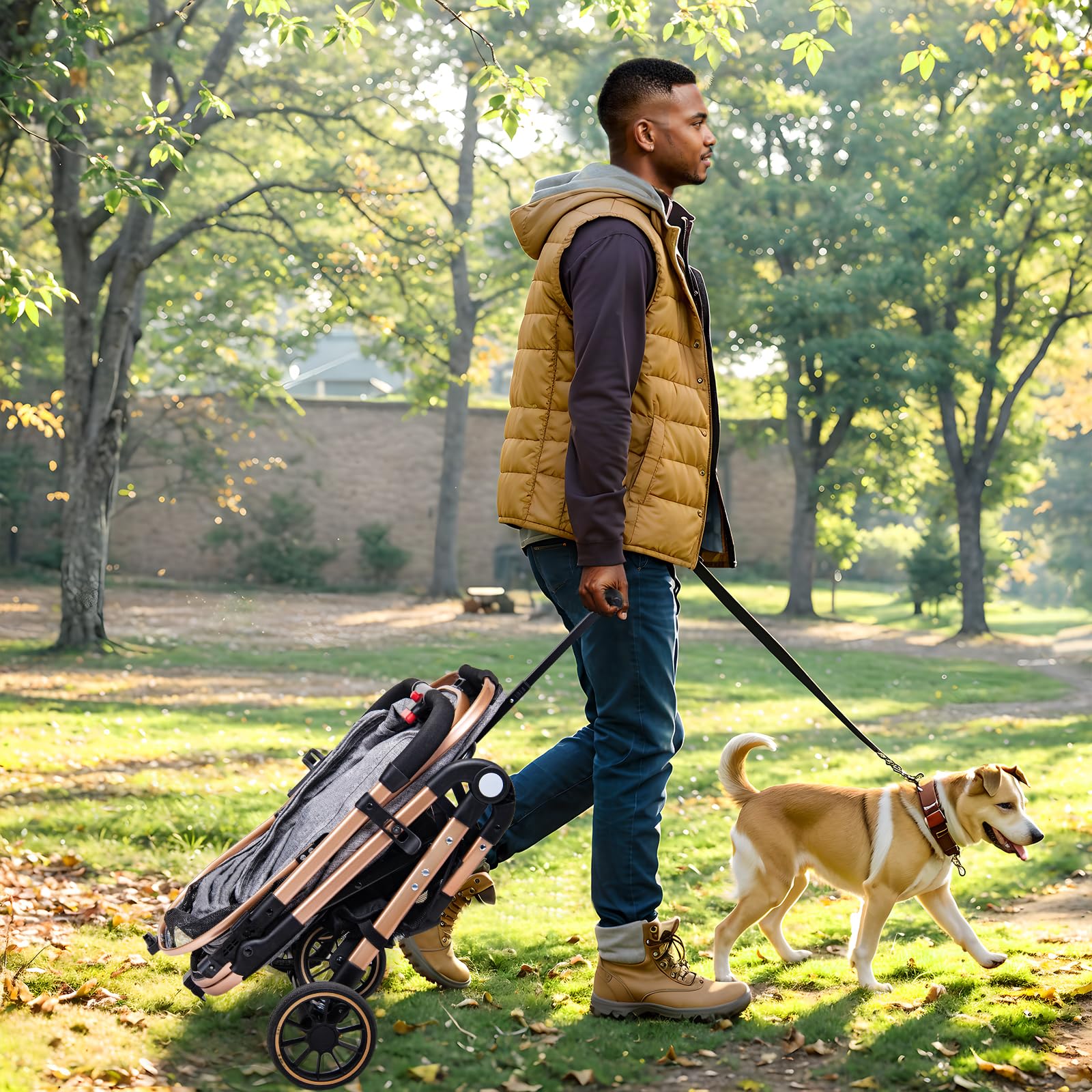 Lensemus Foldable Medium Dog Stroller - 3 In 1 Pet Stroller With Detachable Storage Basket 4 All-Terrain Rubber Wheels Pull Rod