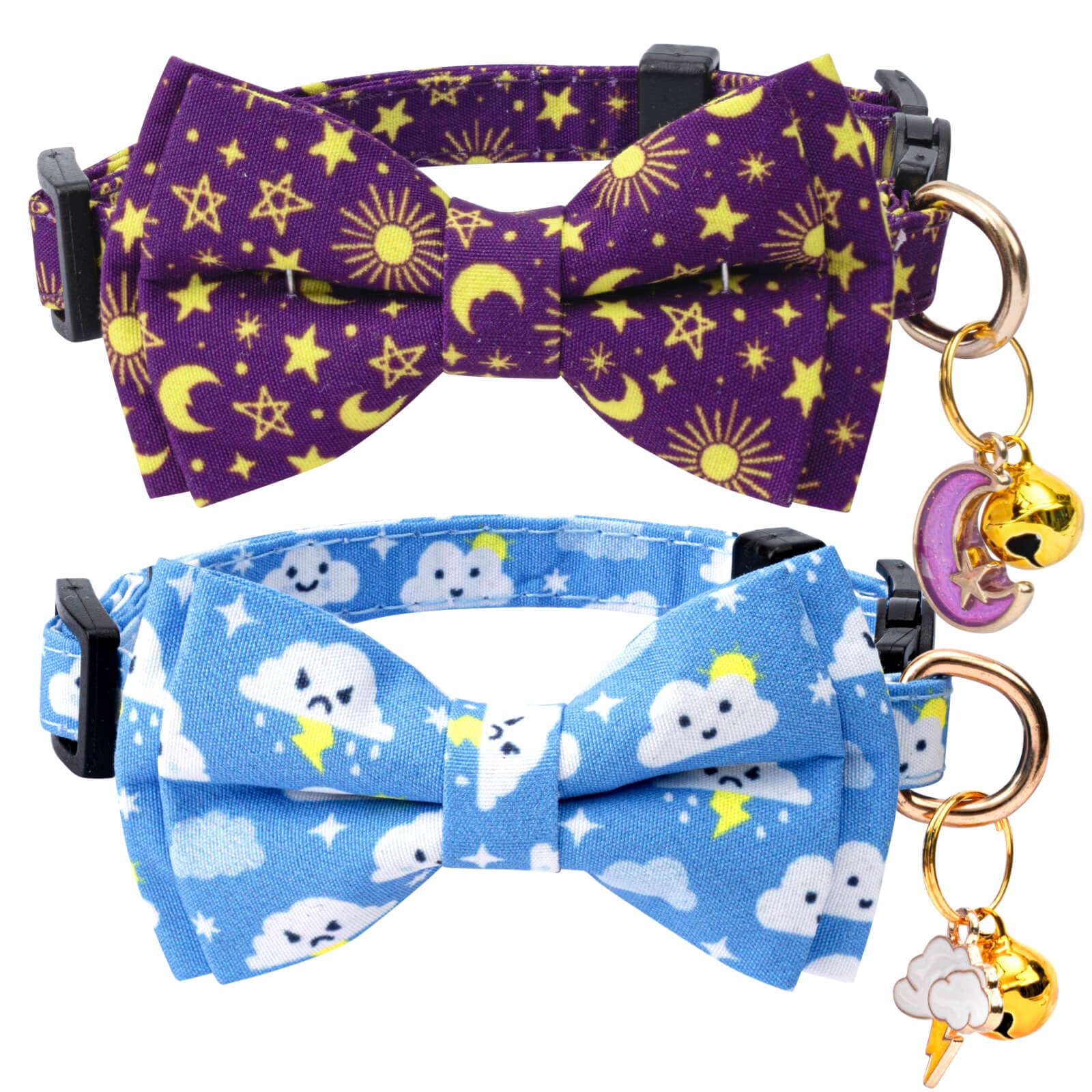Jelwuion 2 Pack Cotton Cat Collar With Bow Tie And Bell For Girl Boy Cats,Cute Purple Moon And Blue Cloud Pattern Spring Summer 