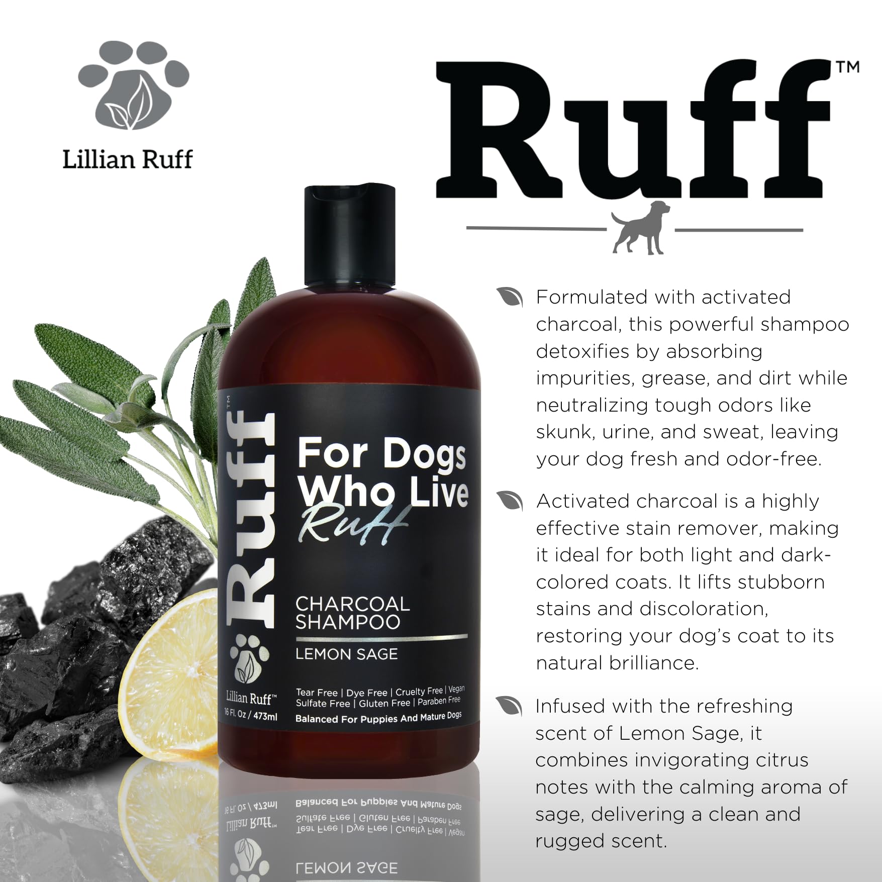 Ruff By Lillian Ruff Activated Charcoal Pet Shampoo - Deep Cleanser, Deodorizer, Stain Remover - Lemon Sage Scent, Ph Balanced,