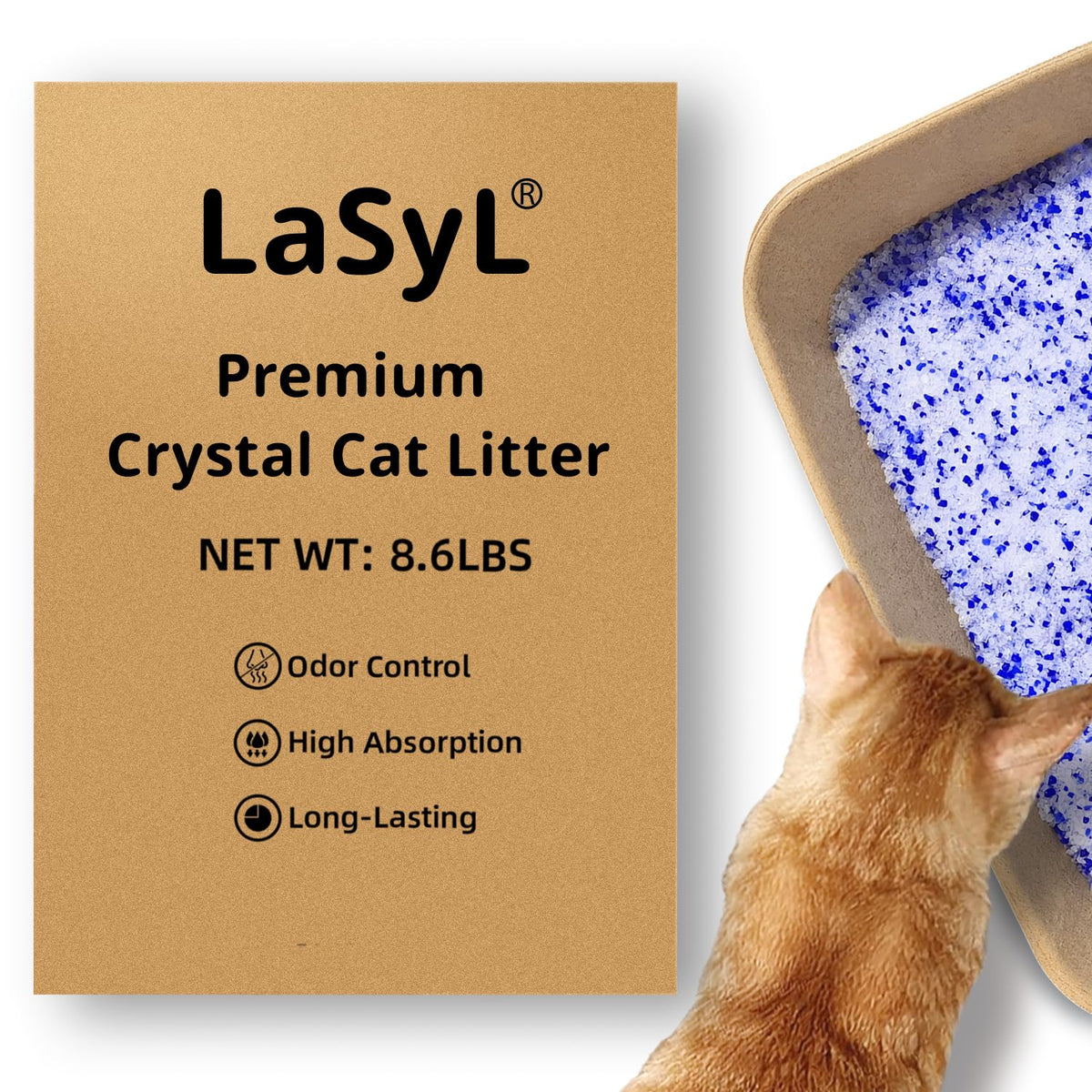 LaSyL Premium Crystal Cat Litter - 8.6 lb, Two Months Lasting - Superior Odor Control & Absorption, Non-Clumping, Low Tracking S