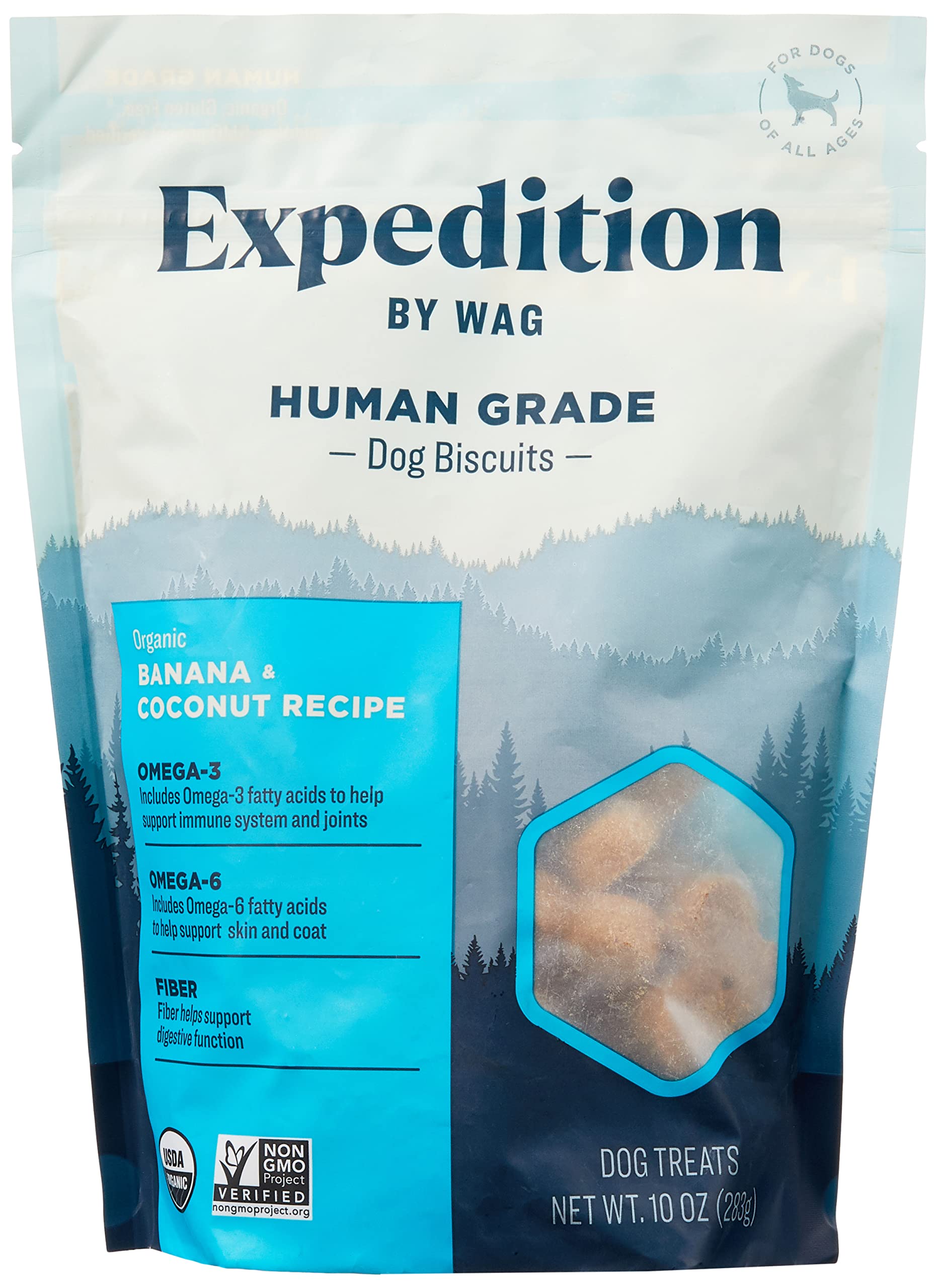 Amazon Brand - Wag Expedition Human Grade Organic Biscuits Dog Treats, Non-GMO, Banana & Coconut, 10oz