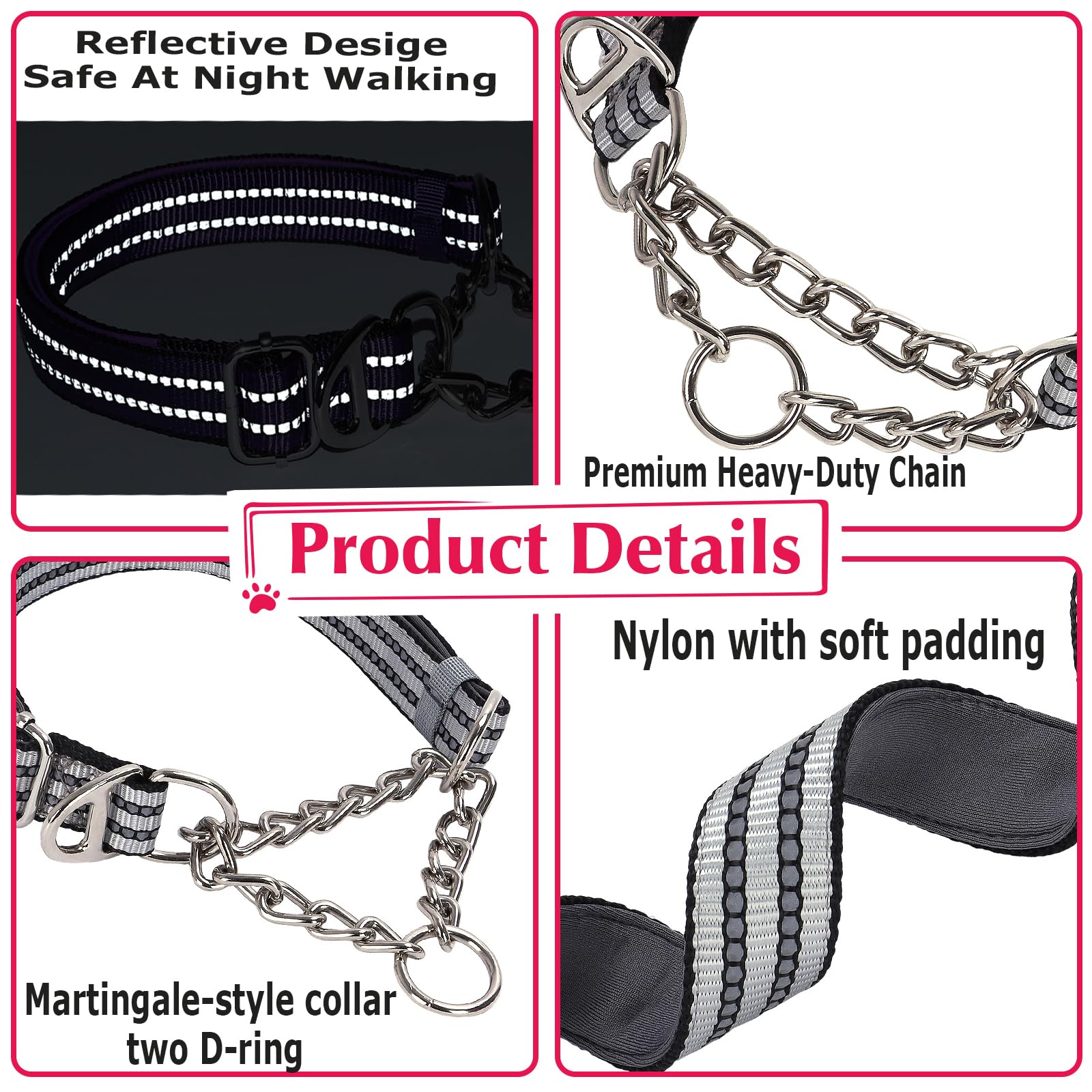 Martingale Collar With Steel Chain,Reflective Nylon Dog Collar With Soft Padded Adjustable Training No Slip Dog Collars (Large,