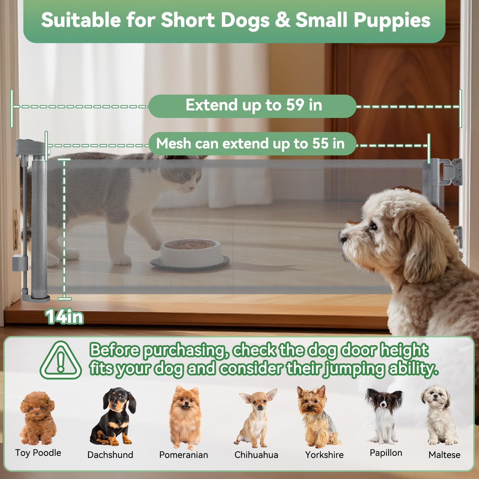 Crazydeer 14 Tall Short Dog Gate to Step Over, Retractable Mesh Pet Door for Small Puppy, Extended up to 55 Wide for Indoor Stai