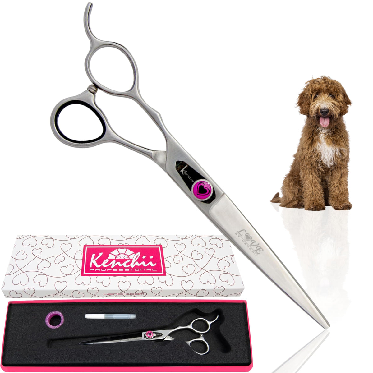 Kenchii Left Handed Dog Grooming Scissors | 7 Inch Shears | Straight Scissors For Dog Grooming | Love Collection Dog Shears | Pet Grooming Accessories | Pet Hair Trimming Scissor