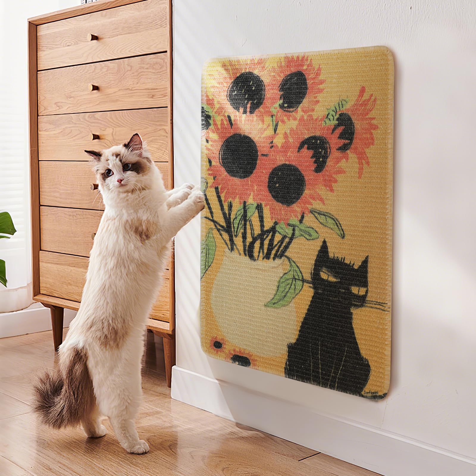 3-In-1 Sisal Cat Scratch Mat Sunflower 23.6X15.7'' Floor & Wall Cat Scratcher Pad, Protects Carpet Couch & Furniture With Sticke