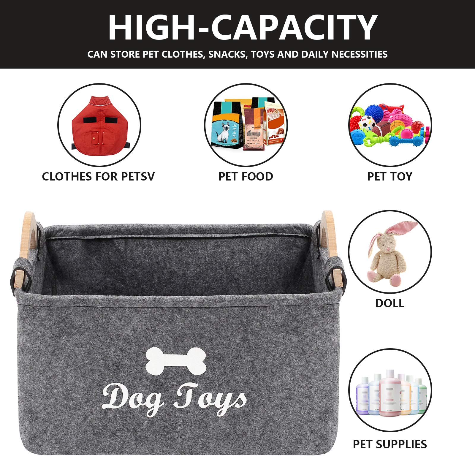 Geyecete Dog Toys Storage Bins - with Wooden Handle, Collapsible Pet Supplies Storage Basket Pet Supplies Storage Basket/Bin Kid