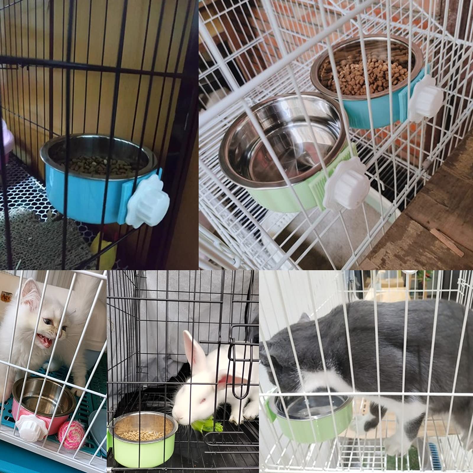 kathson Crate Dog Bowl, Removable Stainless Steel Hanging Pet Cage Bowl Food & Water Feeder Coop Cup for Cat, Puppy, Birds, Rats