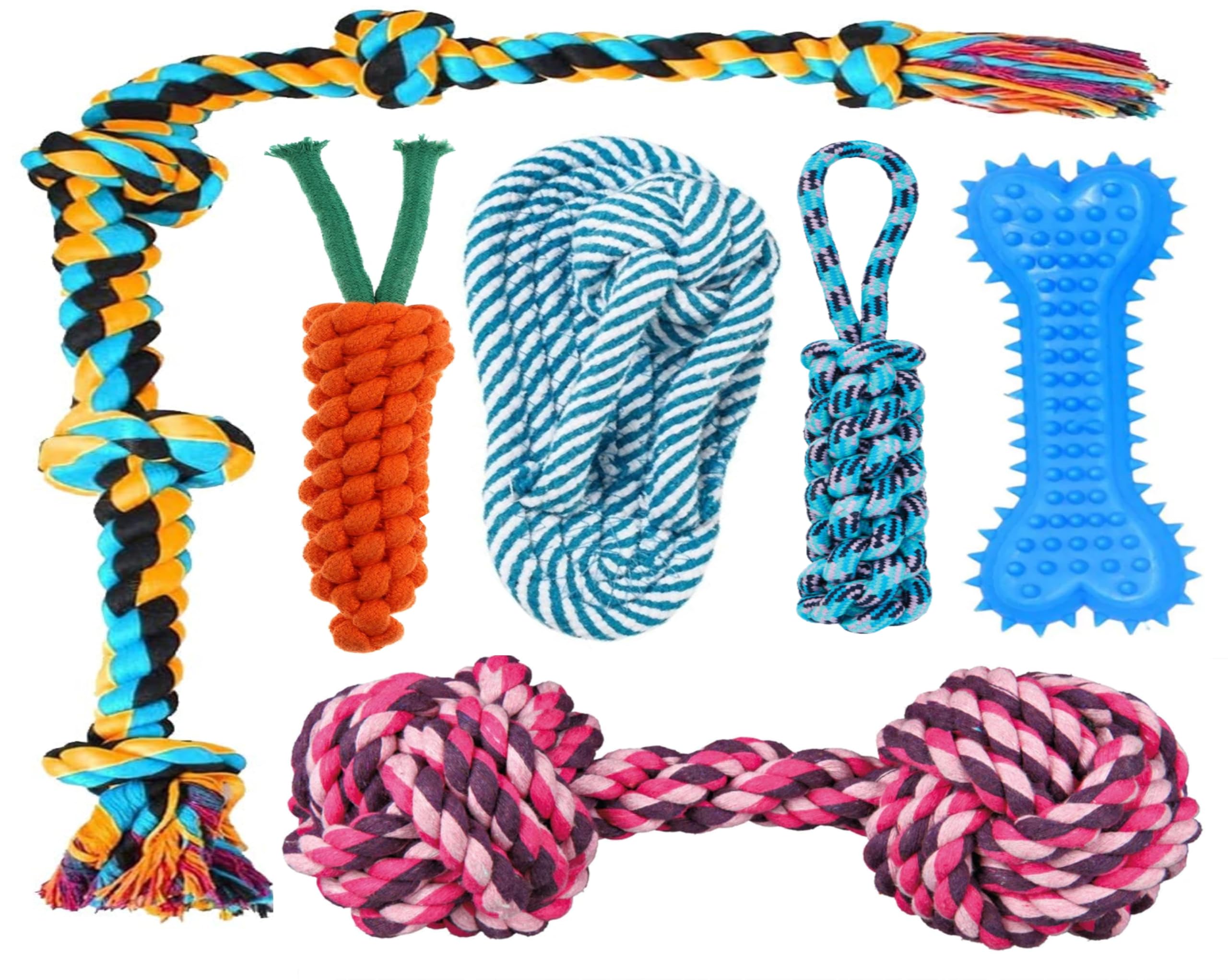 Kittupet Pet Combo Of 2Knot, 3Knot, Ball, Knotted Dumble Rope, Chew Bone And 2Knot Carrot Rope Chewing Teething Durable Cotton R