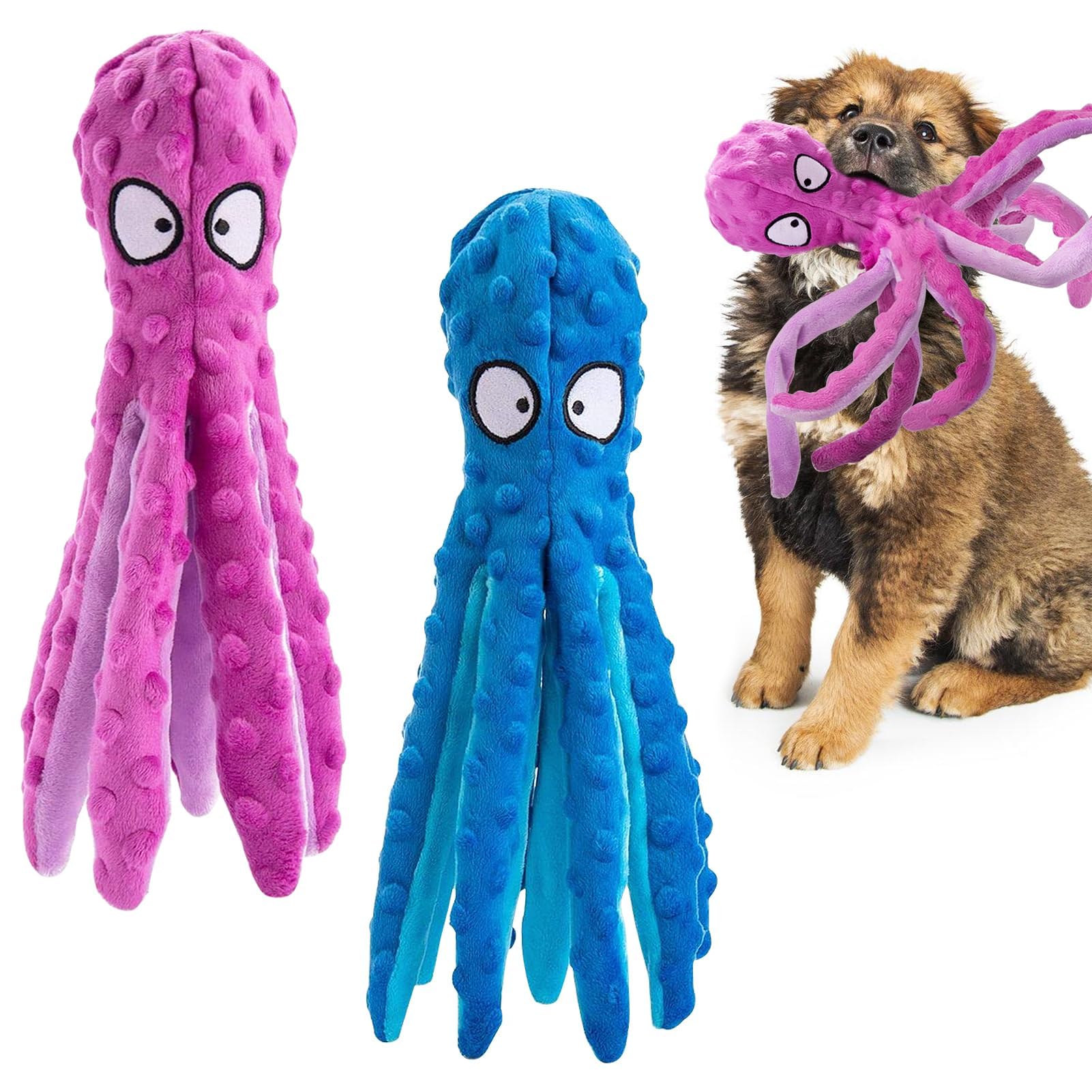 Alphatool Squeaky Dog Toys - 2pcs Soft Plush Chew Crinkle Puppy Toys to Keep Them Busy, Octopus No Stuffing Interactive Essentia