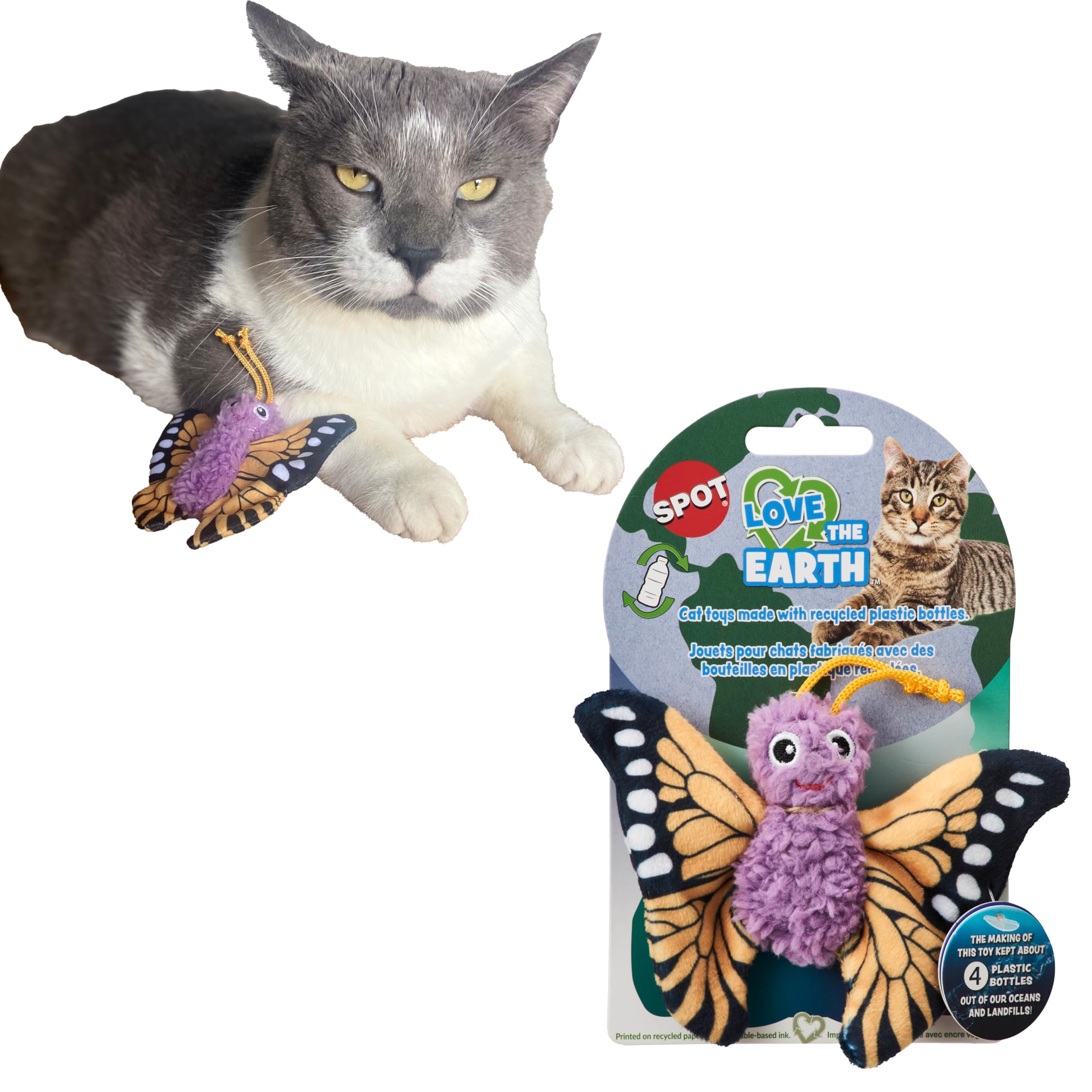Spot Love The Earth Butterfly Cat Toy - Eco Friendly Catnip Toy Made With Recycled Plastic Bottles, Soft, Plush, Bright Colored 