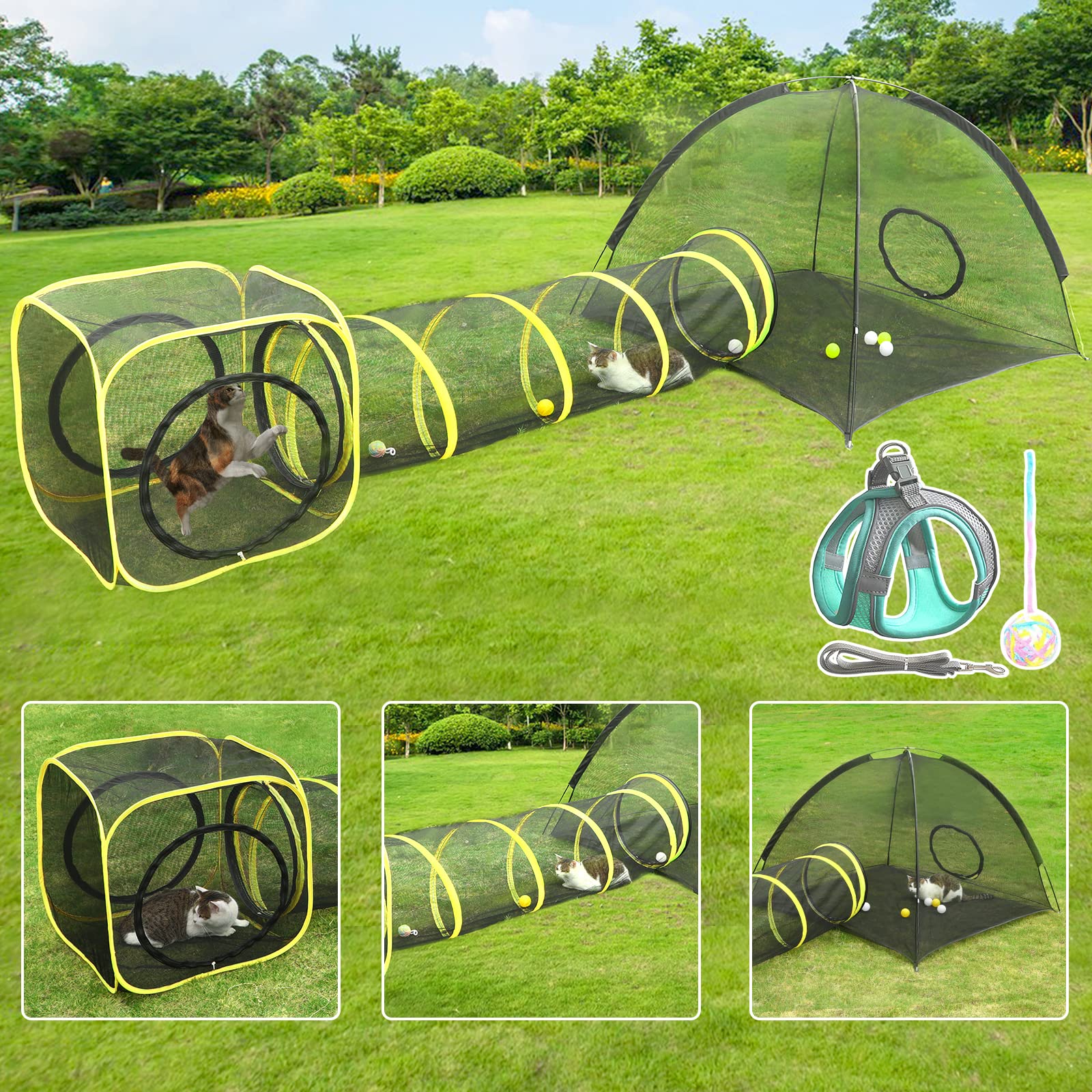 Outdoor Cat Enclosures For Indoor, Portable Mesh Tent, Outdoor Pet Tunnel, Cat Playhouse With Adjustable Cat Harness And Leash F