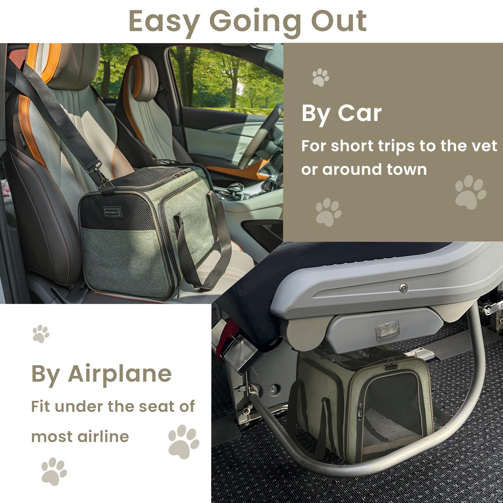 Petsfit 16 Expandable Rabbit Carrier - Airline Approved, Green, Soft Washable Cushion, Self-Locking Zipper, Built-in Safety Rope, Travel Friendly