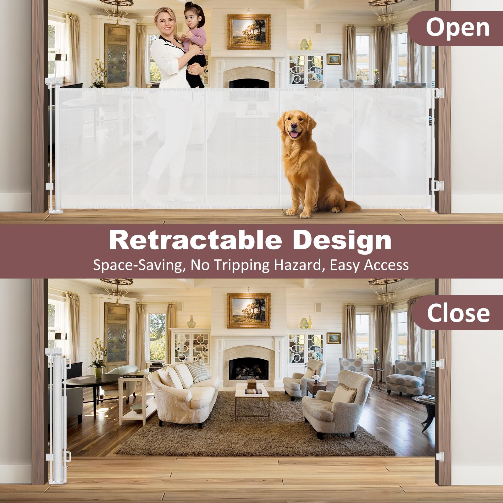 Reinforced 41'' Extra Tall Retractable Dog Gate 100'' Wide Retractable Baby Gates with Support Rods, Outdoor Retractable Gates f