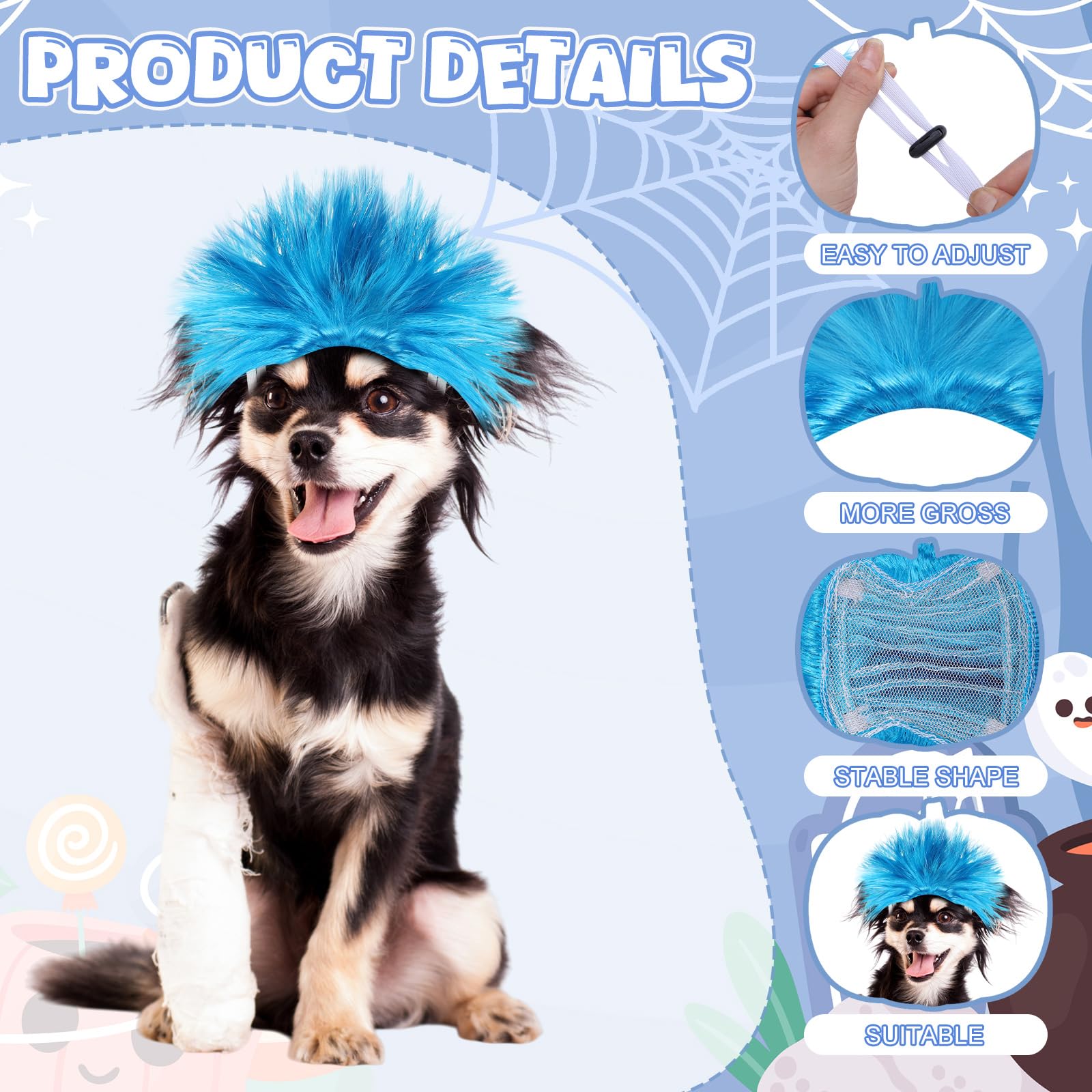Huhumy 2 Pcs Funny Dog Cat Costume Wig Halloween Blue Short Pet Headwear Cosplay Accessories Cute Puppy Costume Wig for Small Me
