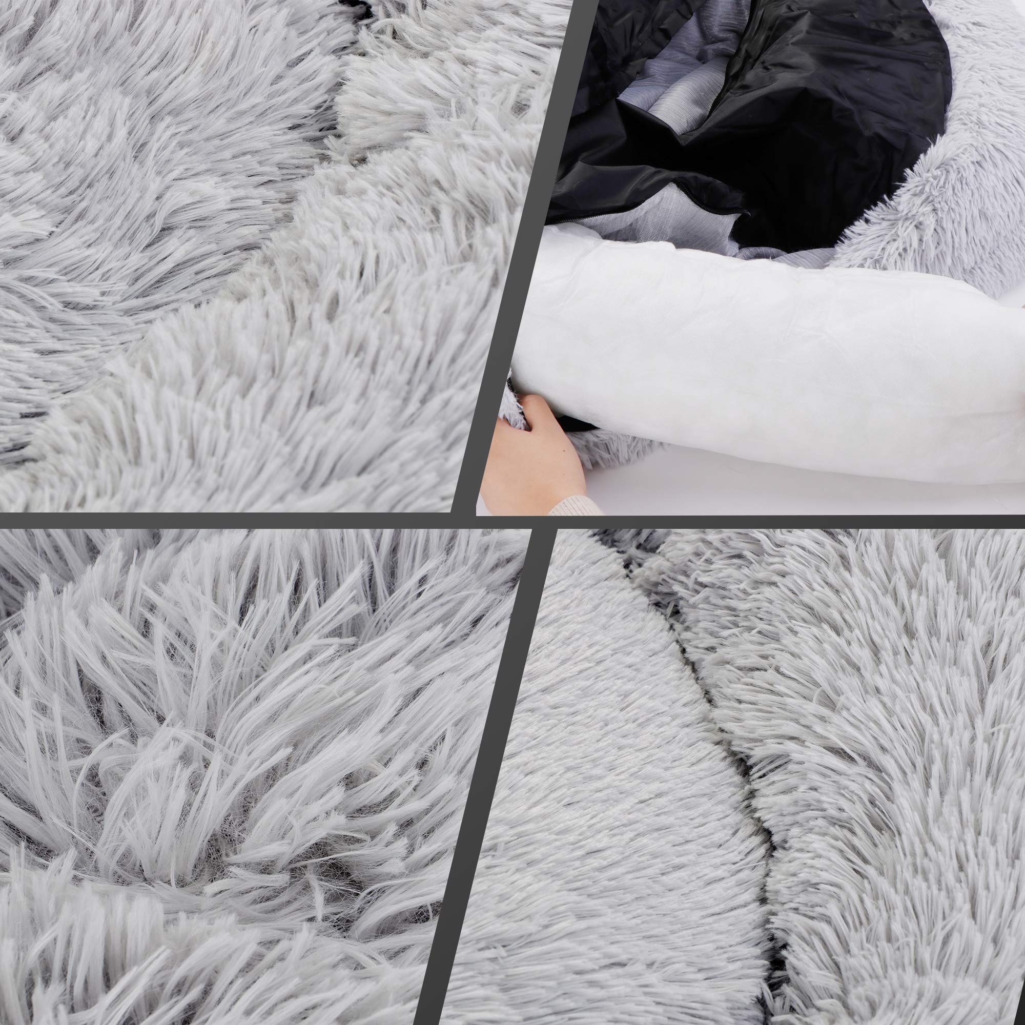 Donut Dog Bed Calming Ultra Soft Shag Faux Fur Dog Bed Comfortable Donut Cuddler For Dogs And Cats,Self Warming And Washable (30 Inches, Grey)