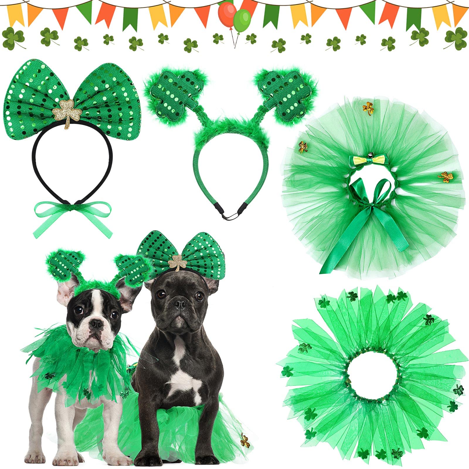 4 Pcs St Patrick'S Day Dog Costume Pet Costume, Tutu For Dogs Sequins Bowtie Shamrock Headband Dog Dress Tutu Collar Green Puppy
