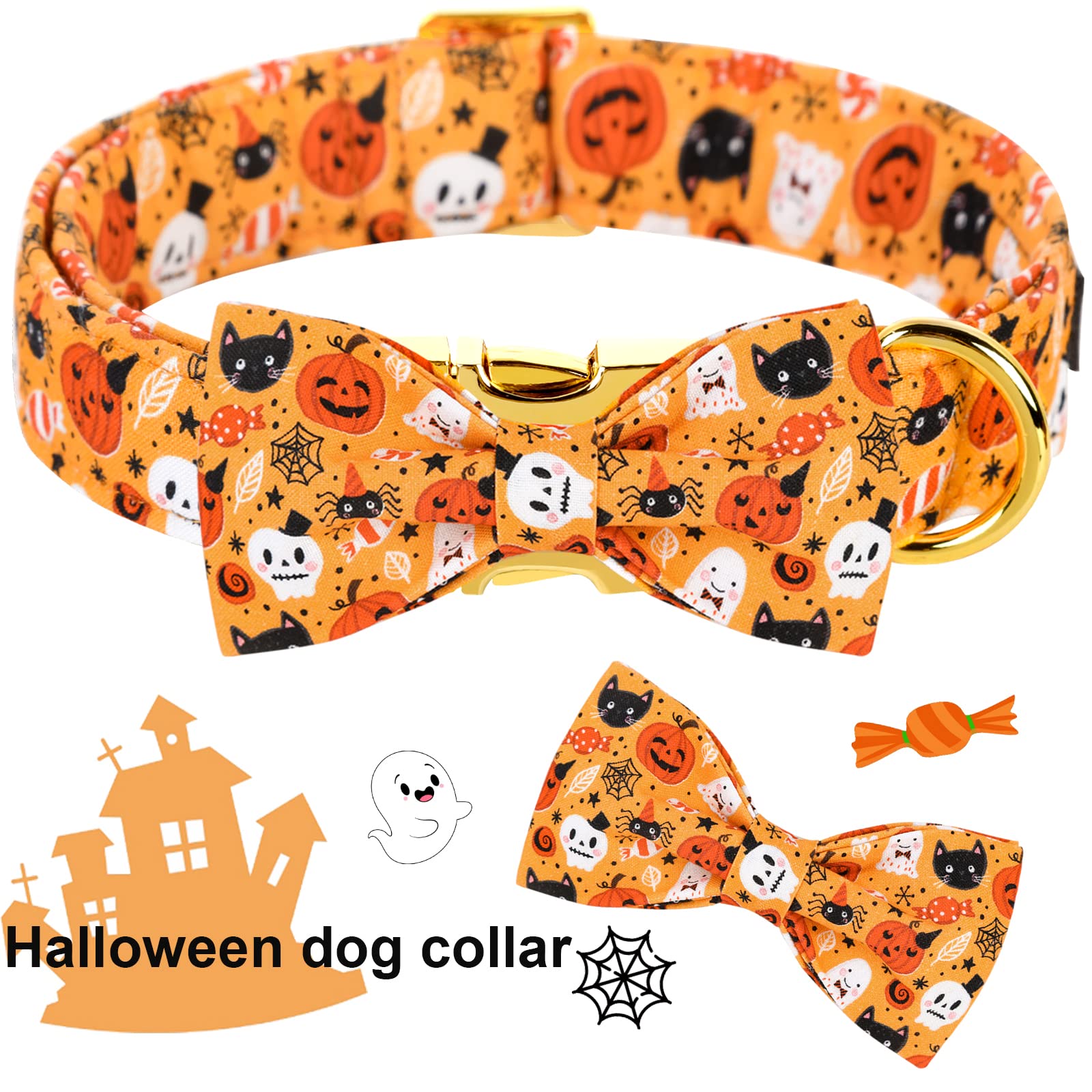 Aring Pet Dog Collar With Bow-Halloween Dog Collar Bowtie, Adorable Boy And Girl Ghost Pumpkin Dogs Bowtie Collar Gifts With Metal Buckle