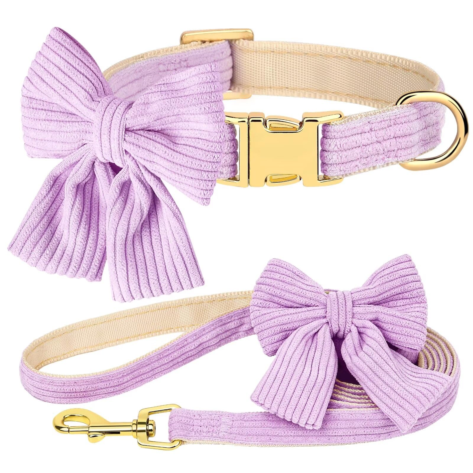 Didog Dog Collar And Leash Set With Bowtie, Girl Dog Collars Metal Buckle Adjustable For Small Medium Dogs(Purple, S)