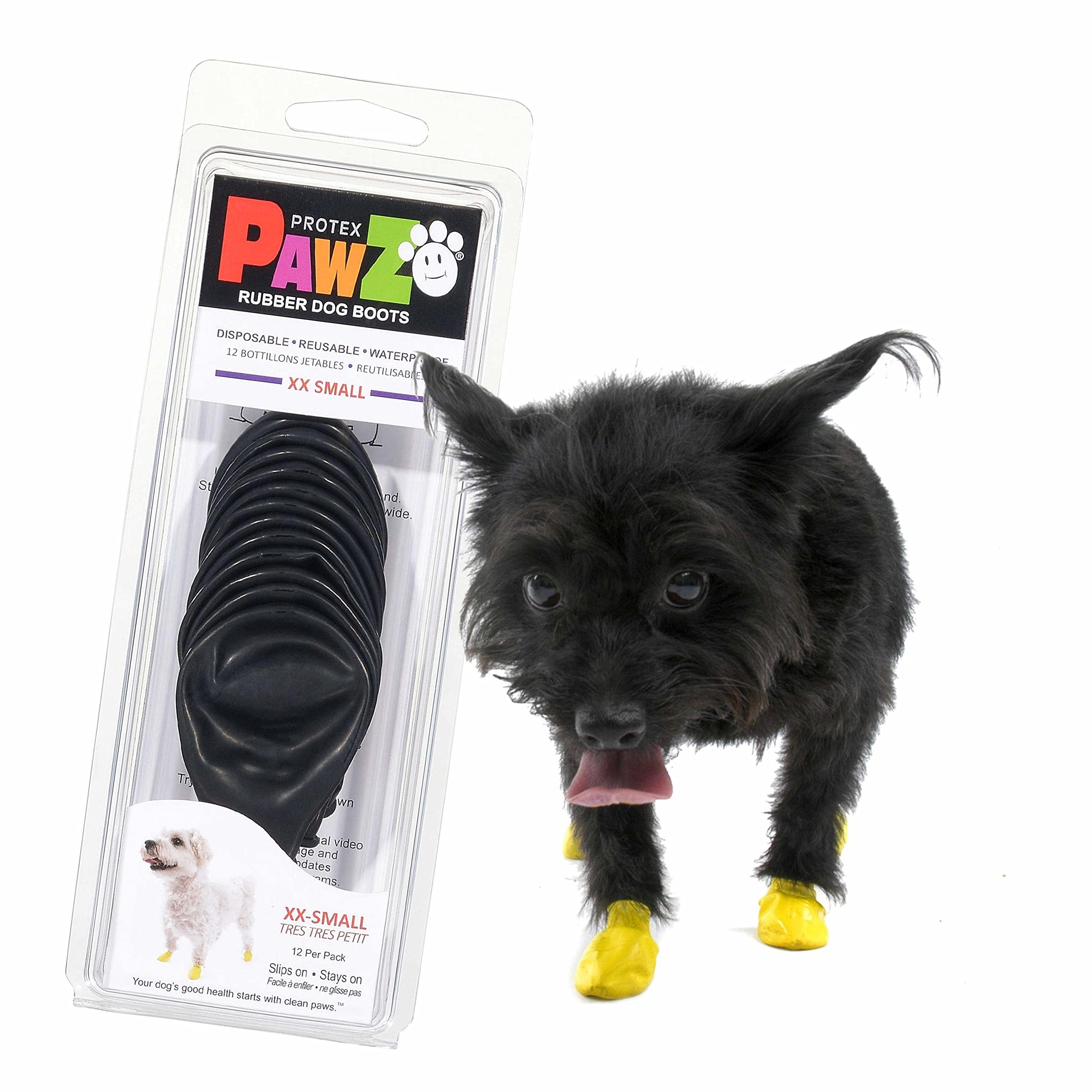 Pawz Rubber Dog Boots For Paws Up To 1 1/2', 12 Pack - All-Weather Dog Booties For Hot Pavement, Snow, Mud, And Rain - Waterproof, Anti Slip Dog Socks - Xx-Small, Black