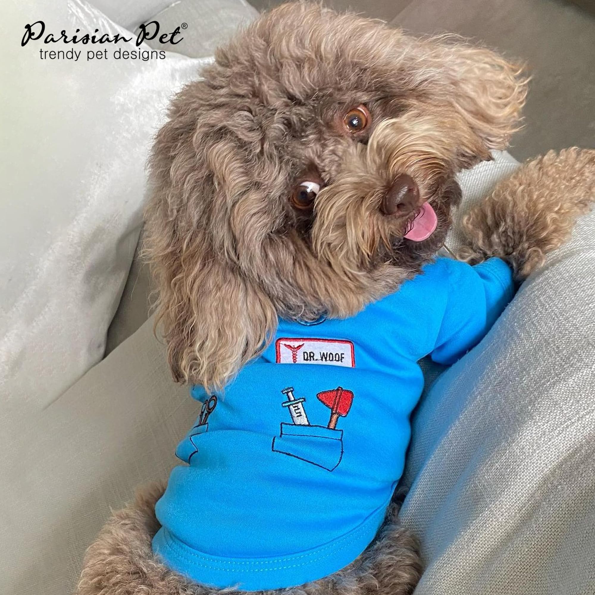 Parisian Pet Doctor Woof Dog Shirt - Embroidered Dog Pirate Costume - 100% Cotton & Polyester Doctor Outfit For Dog - Sleeved Dog Clothes - Blue Funny Dog Shirts For Large Dogs - Pet Costumes - L