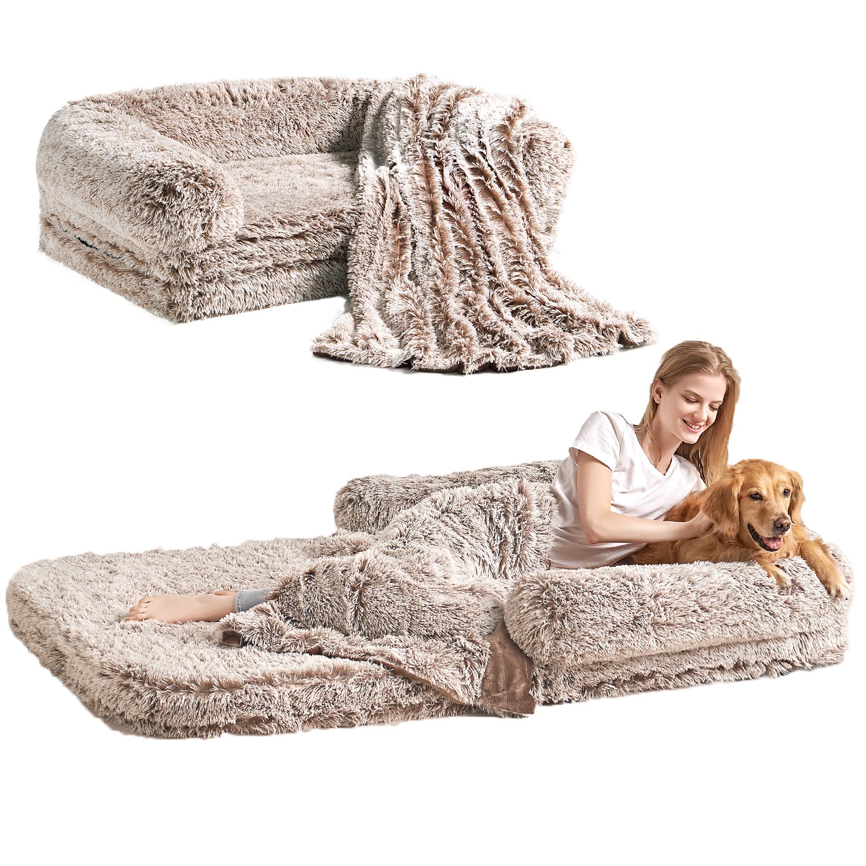 EHEYCIGA Foldable Human Dog Bed, 72x44x11 Orthopedic Memory Foam Human Sized Dog Bed, Waterproof Pet Bed for People, Faux Fur Pe