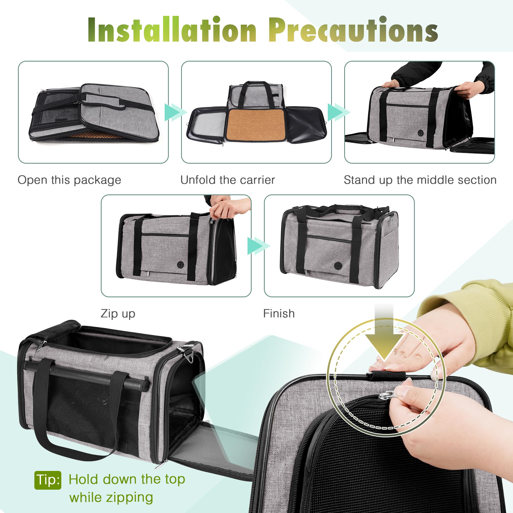 Yudodo 25 Lbs Lightproof Pet Carriers Airline Approved Dog Cat Travel Soft Sided Carrier Reflective Mesh Safe Pet Cat Carrier Foldable Portable Small Animal Rabbit Puppy Cat Carrier Grey