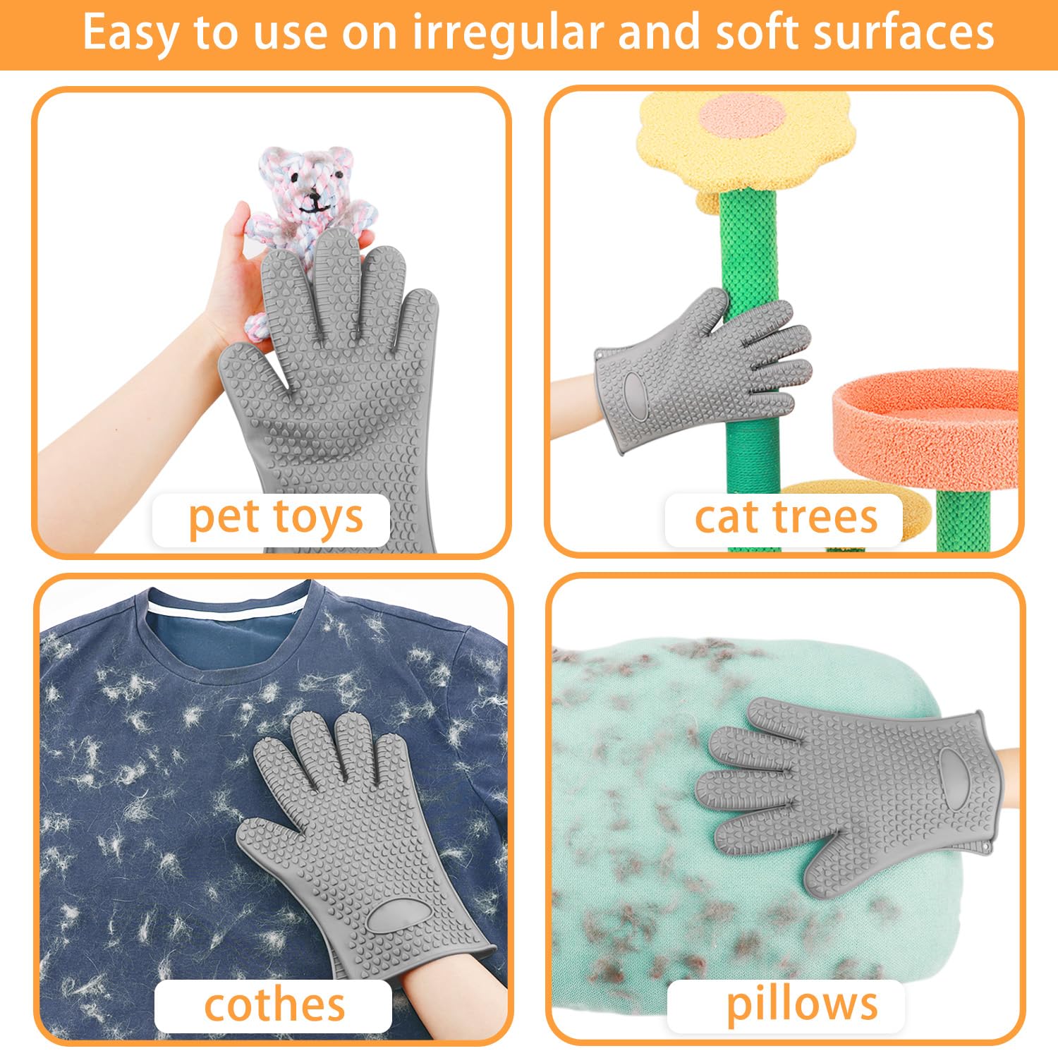 Pet Hair Remover Gloves - Sticker Gloves Clean Pet Hair On Furniture With Ease, Suitable For Soft And Irregular Surfaces. Such As Sofas, Pillows, Mattresses, Cat Trees. (Silicone, Grey(2 Pcs)