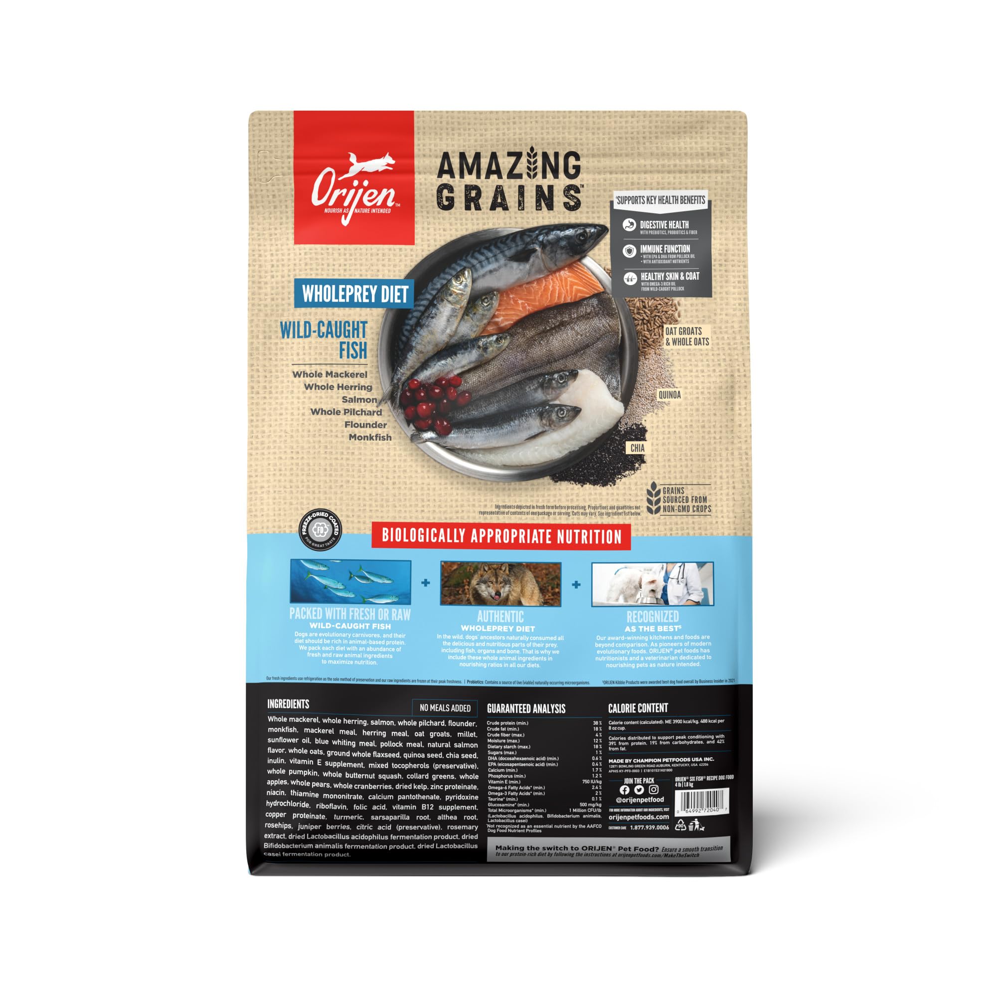 ORIJEN Amazing Grains Six Fish Recipe Dry Dog Food, High Protein Dog Food, Fresh or Raw Ingredients, 4lb