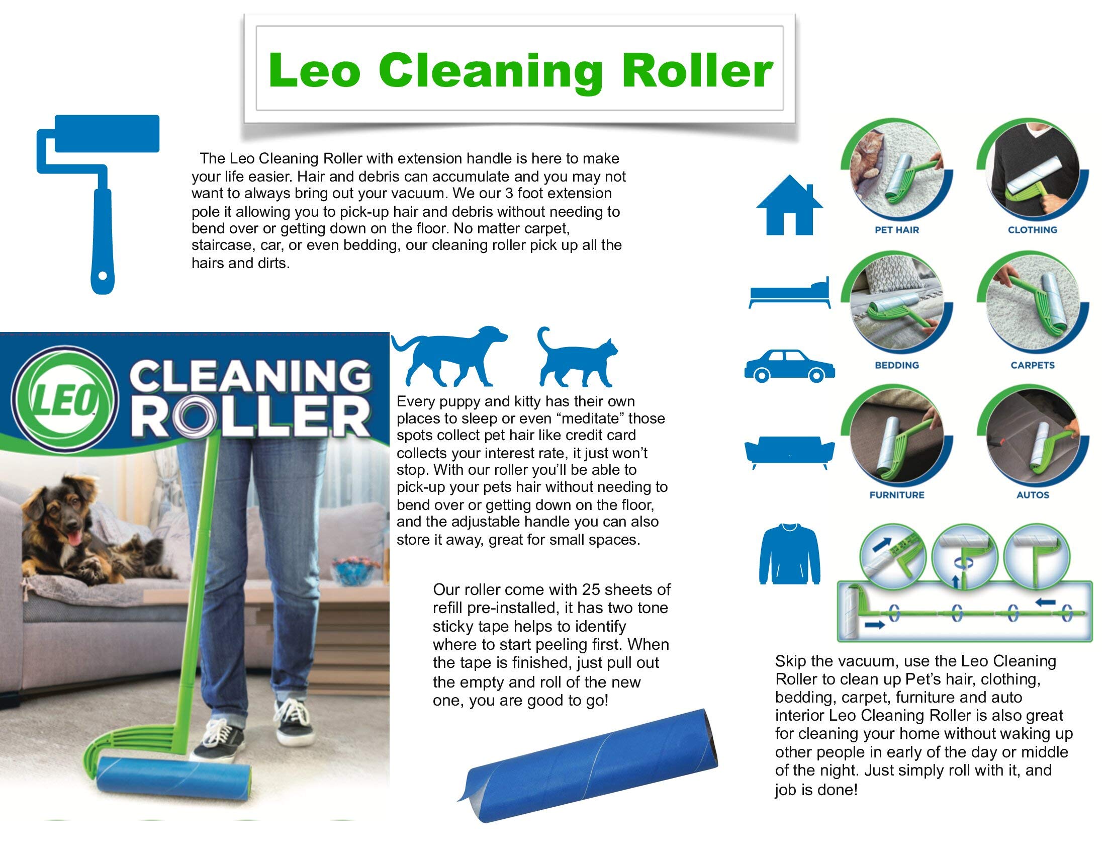 Leo Large 10-Inch Wide Lint Roller Refills 25 Sheets With Extendable Handle To 45 Inch For Lint Removers Household Cleaning Easily Remove Pet Hair Dust And Debris From Floors Carpets And Furniture