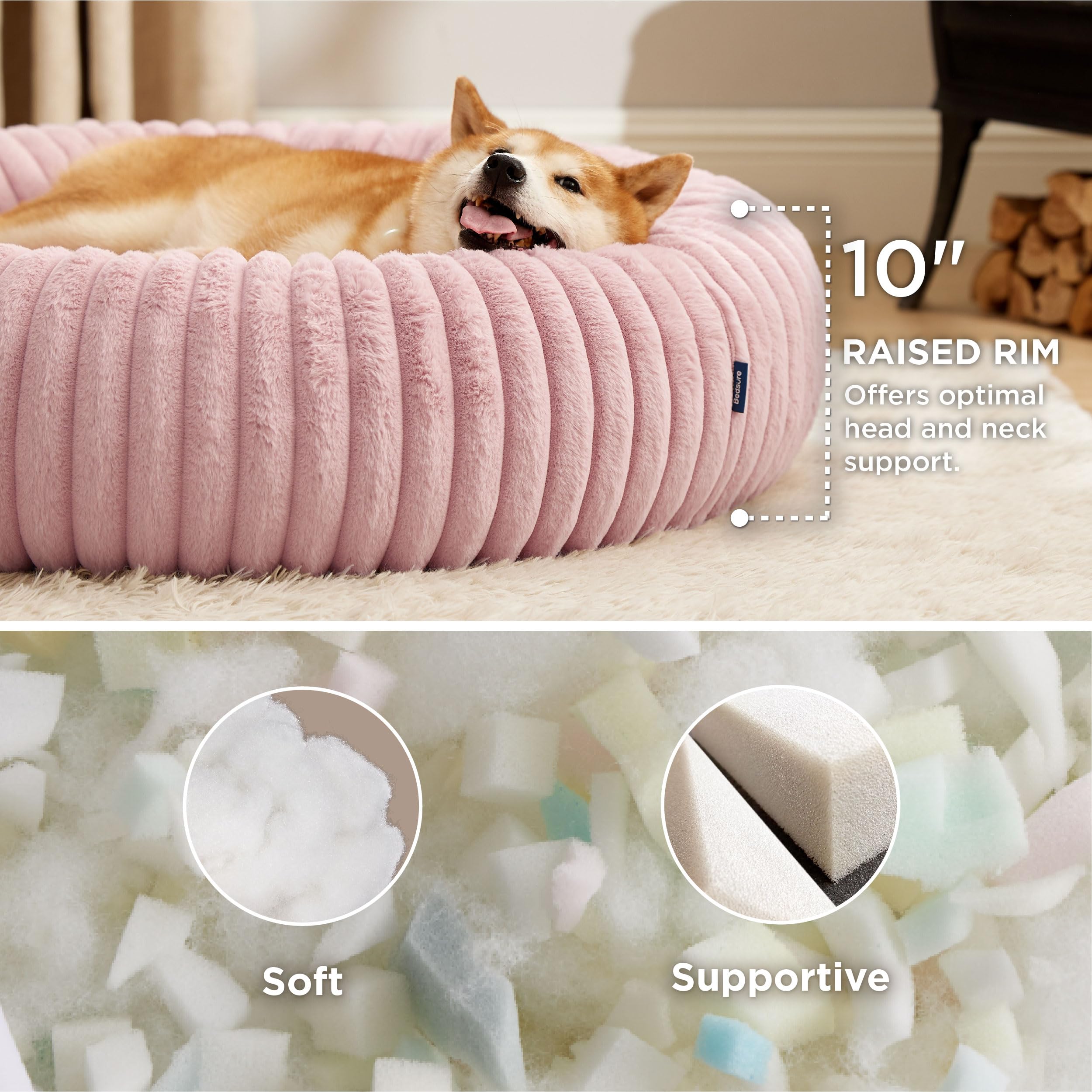 Bedsure Donut Large Dog Bed - Washable Faux Fur With Corduroy Fleece & Anti Slip Bottom, Round Pet Bed With Removable Cover, Blu