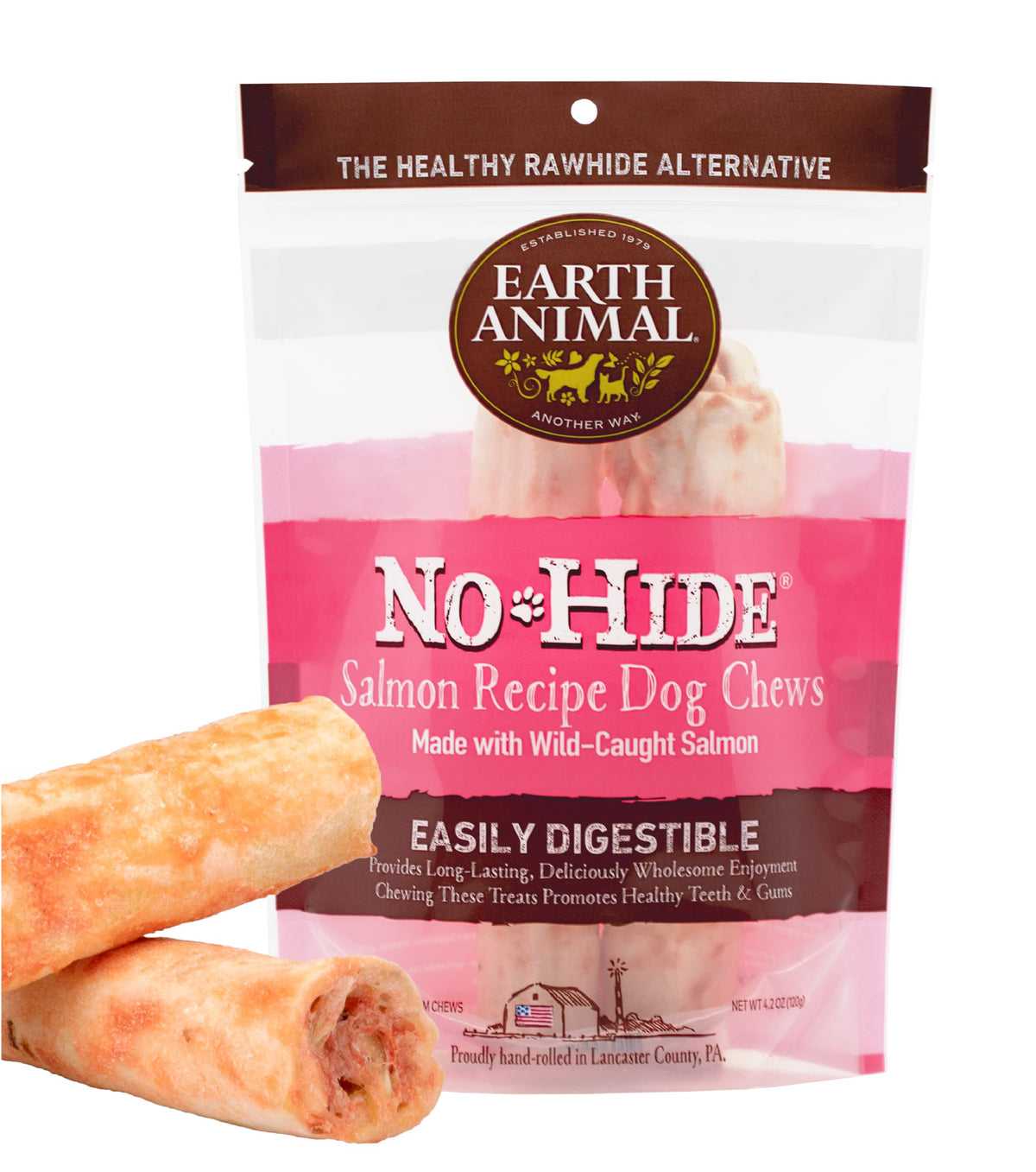 Earth Animal No Hide Medium Salmon Flavored Natural Rawhide Free Dog Chews Long Lasting Chew Sticks | Treats For Large Dogs | Great For Aggressive Chewers (1 Pack)