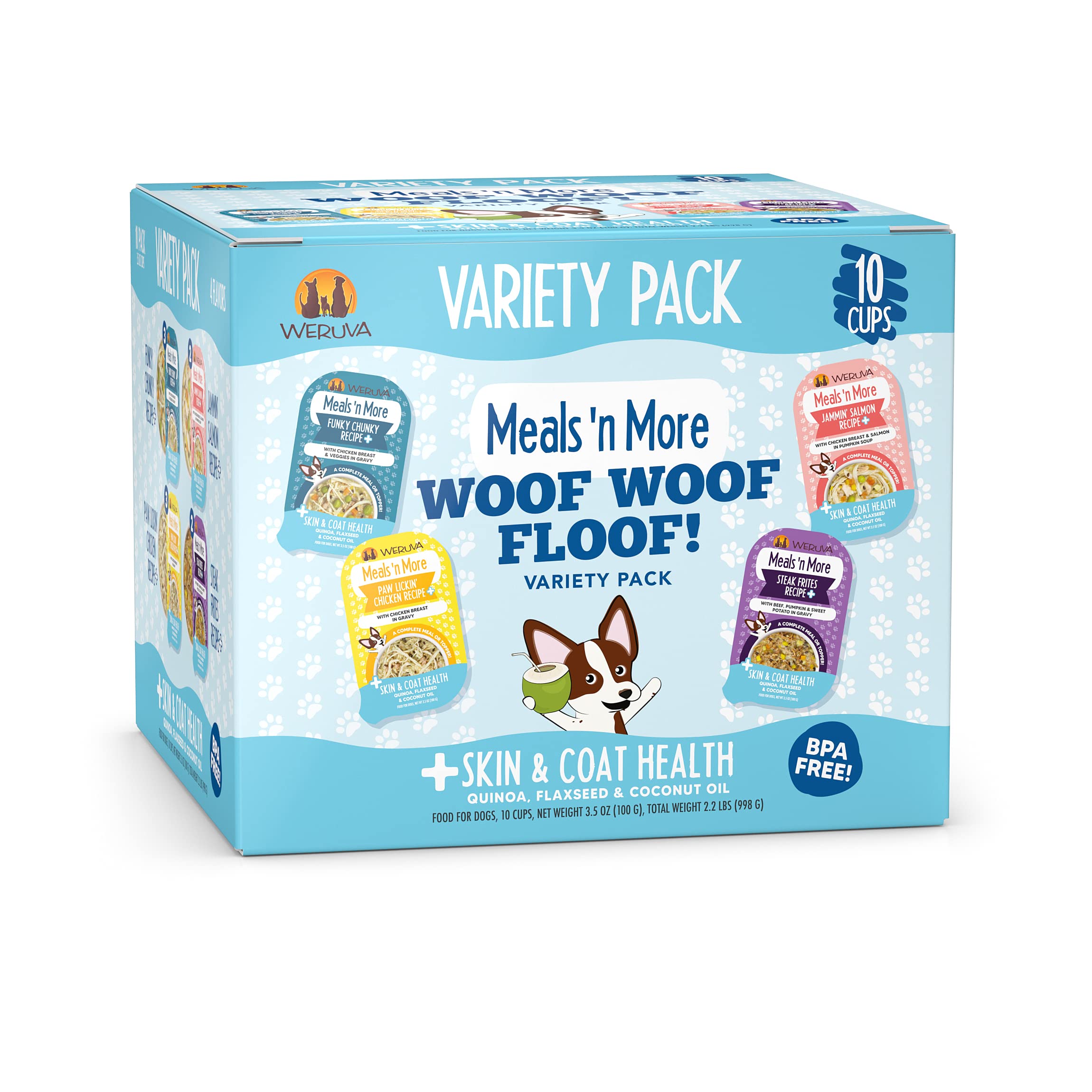 Weruva Meals 'n More Natural Wet Dog Food, Woof Woof Floof! Skin & Coat Health Variety Pack, 3.5oz Cup (Pack of 10)