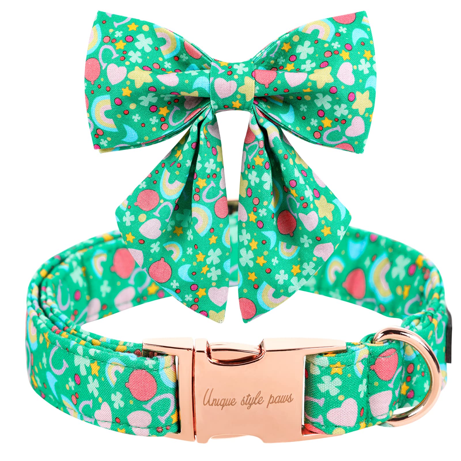 Unique Style Paws St. Patrick'S Day Dog Collar With Tie Rainbow Clover Heart Puppy Collar For Small Medium Large Boys Girls-S