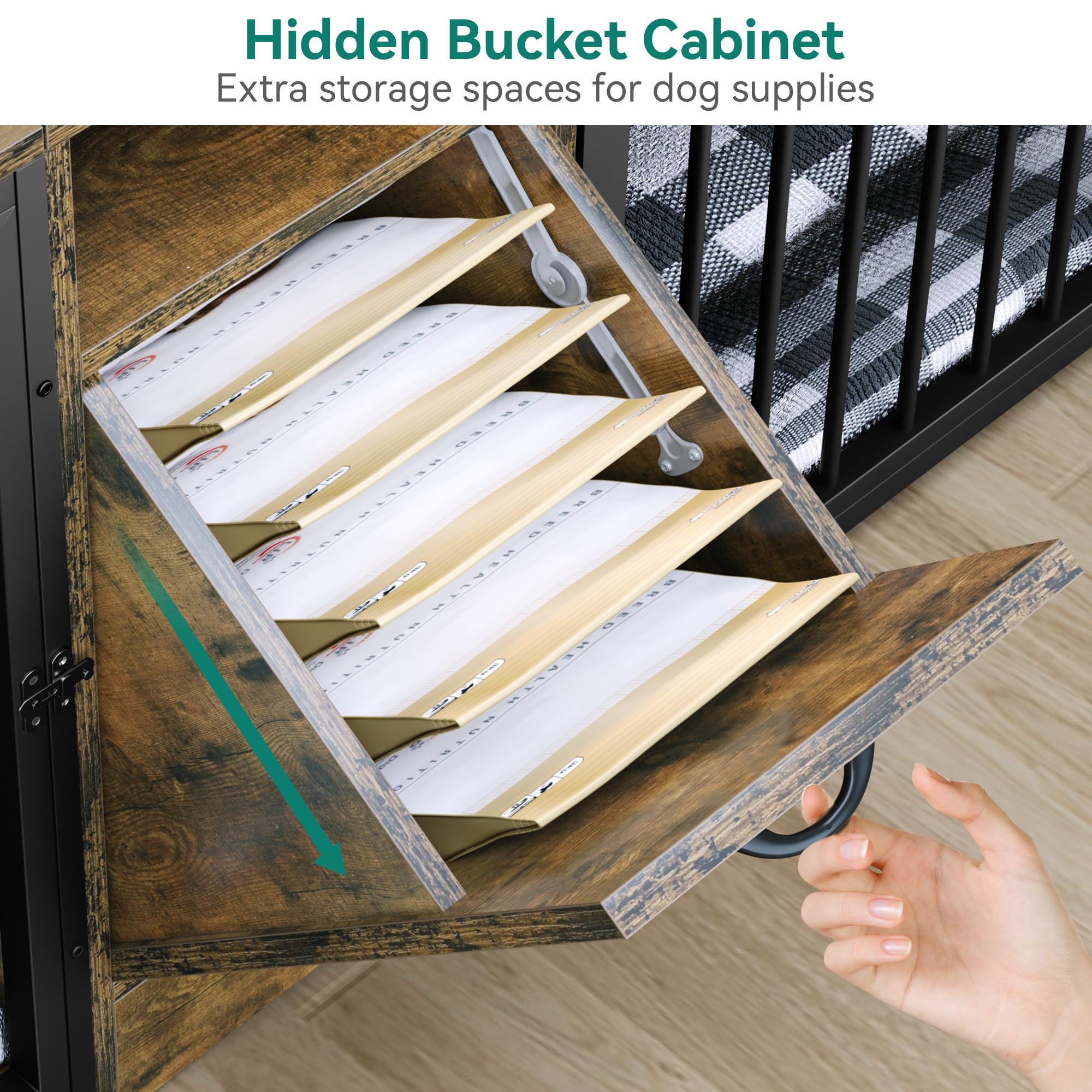YITAHOME 94.5 Large Dog Crate Furniture with Feeder Bowls, Heavy Duty Dog Kennel with Room Divider and Drawer, Wooden Dog House
