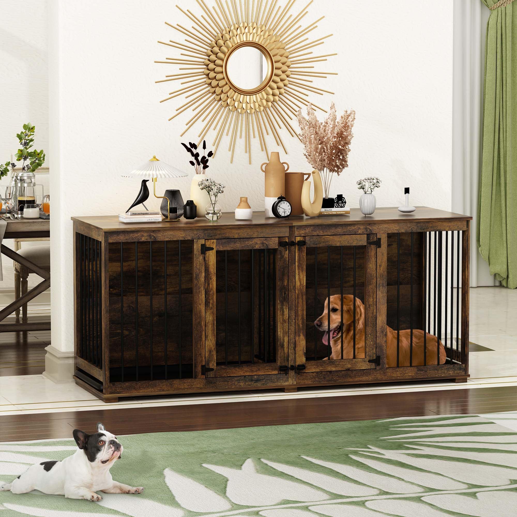 DAWNSPACES Large Funiture Style Dog Crate for 2 Dogs, 70  Wooden Dog Kennel Furniture with Removable Divider & 2 Trays, Indoor H