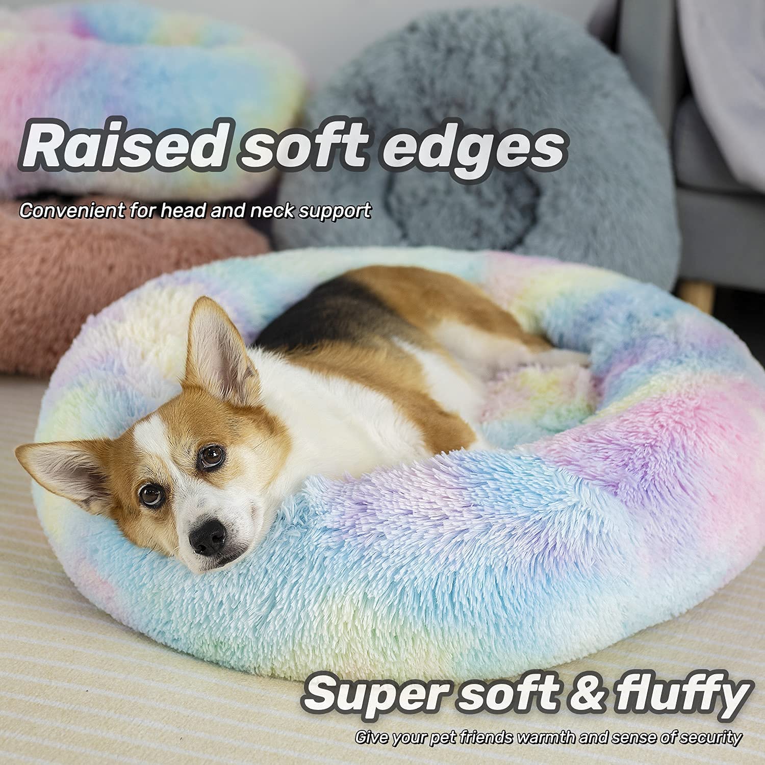 Raimaiso Anti Anxiety Round Fluffy Plush Faux Fur Warm Washable Dog Bed & Cat Bed, Original Bed For Small Medium Large Pets,Used To Relieve Joints And Improve Sleep(20'/24'/27'') (24', Rainbow)