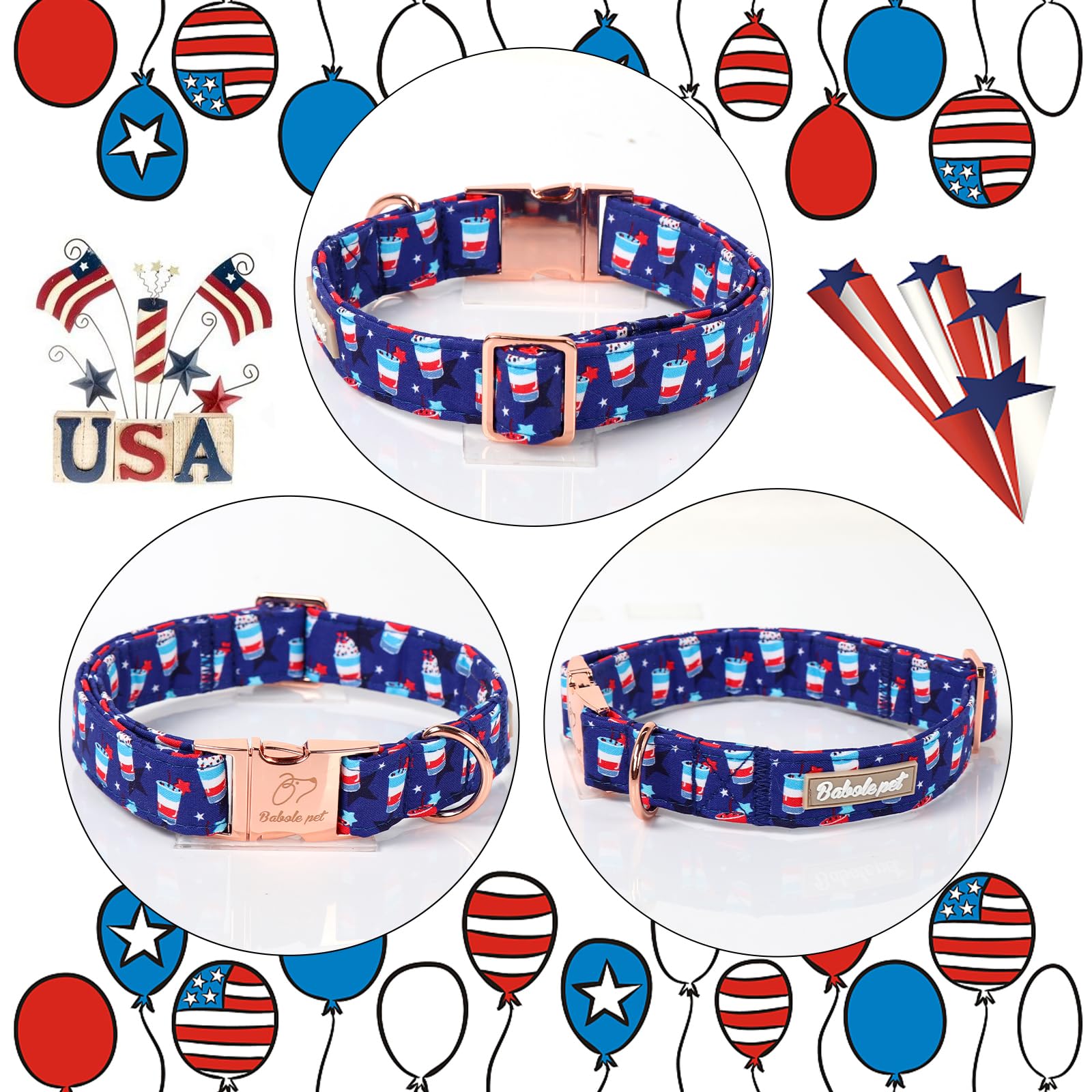 Babole Pet 4Th Of July Dog Collar, Blue Flag Sundae Patriotic Pet Collar With Metal Buckel, Adjustable Summer Holiday Dog Collar
